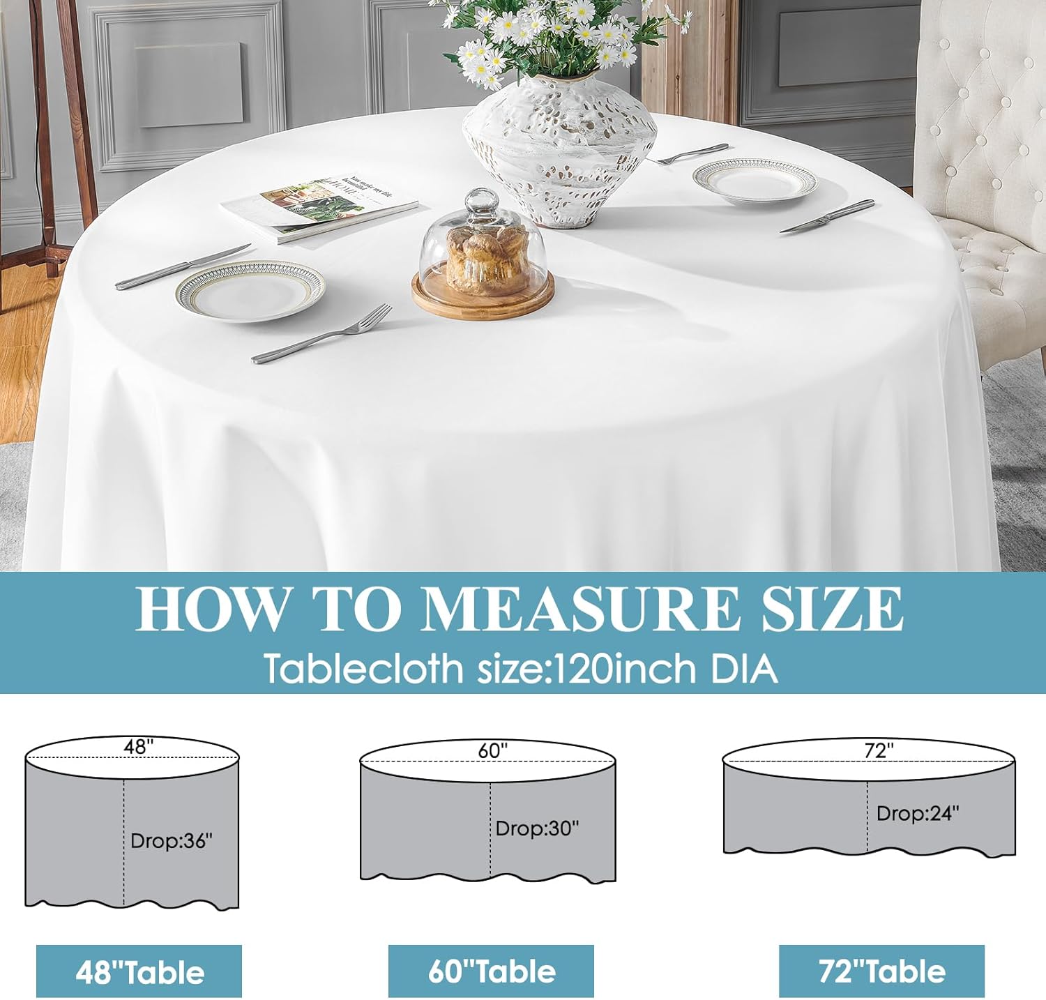 Thumbnail 6 de VidaFete 6-Pack 120-Inch Round Polyester Tablecloth (White) — Stain-Resistant, Wrinkle-Resistant Dining Cover