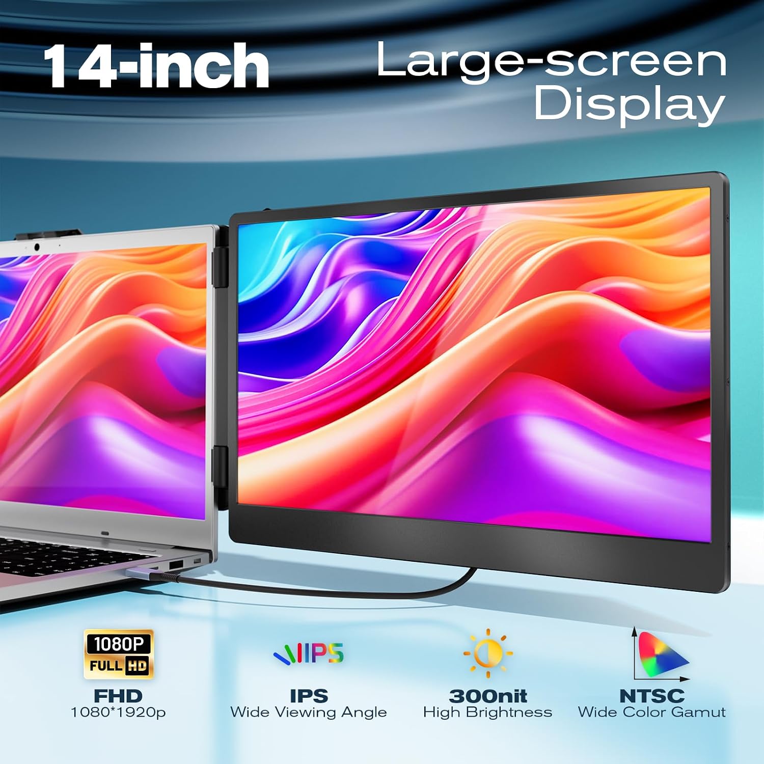 Detalle de Teamgee Laptop Monitor Erweiterung 14" FHD IPS – Tragbarer Dual-Screen Monitor mit integrierter Stand- und Lautsprecherlösung