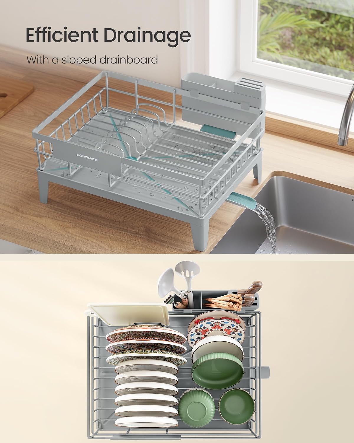 Thumbnail 3 de SONGMICS PATALLA KCS550G01 Dish Drainer Rack with 360° Rotating Spout, Dove Grey