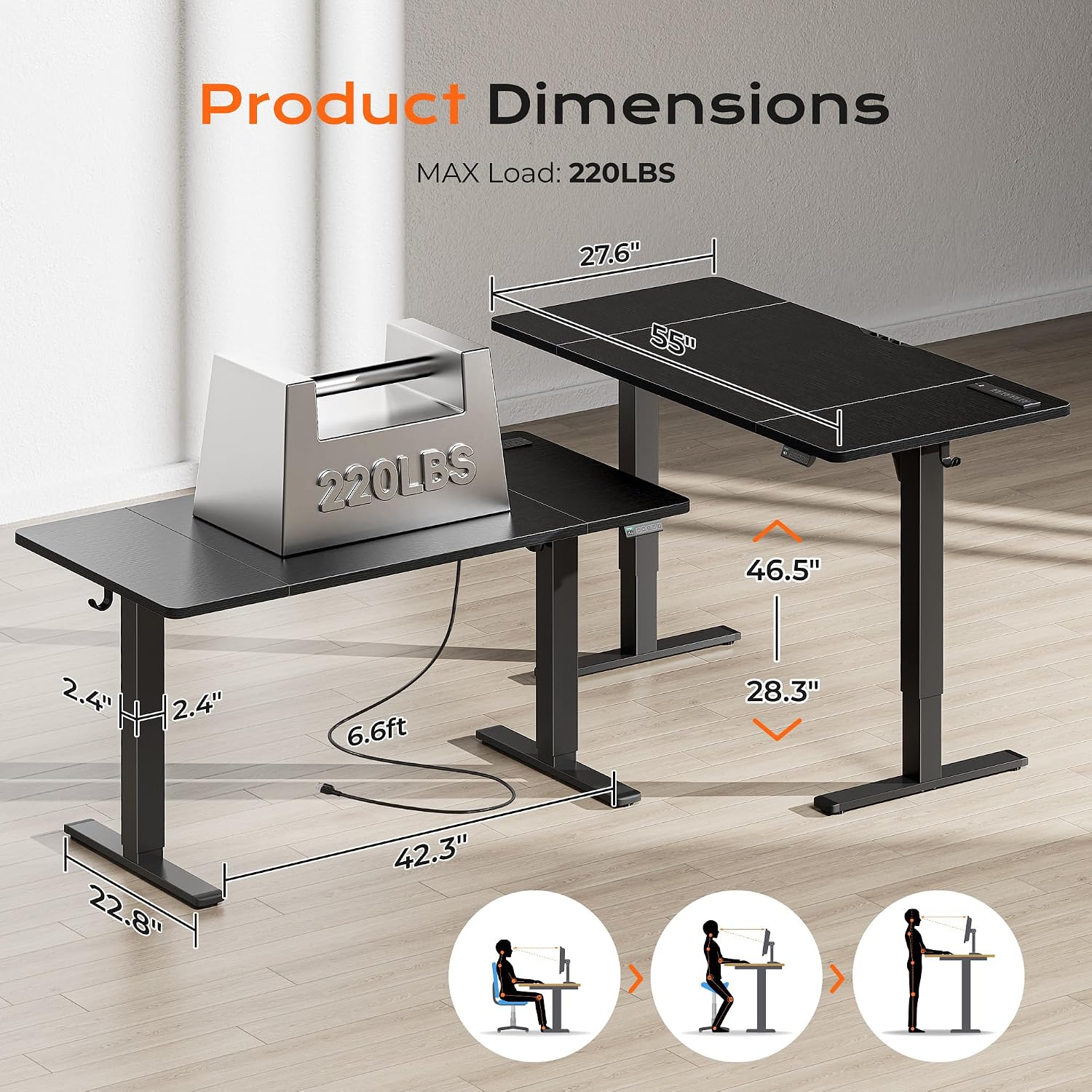 Detalle de Huuger 55 x 28 Large Electric Standing Desk (4 AC Outlets, Type-C, 3 Preset Heights) – Height Adjustable Office Desk, Black