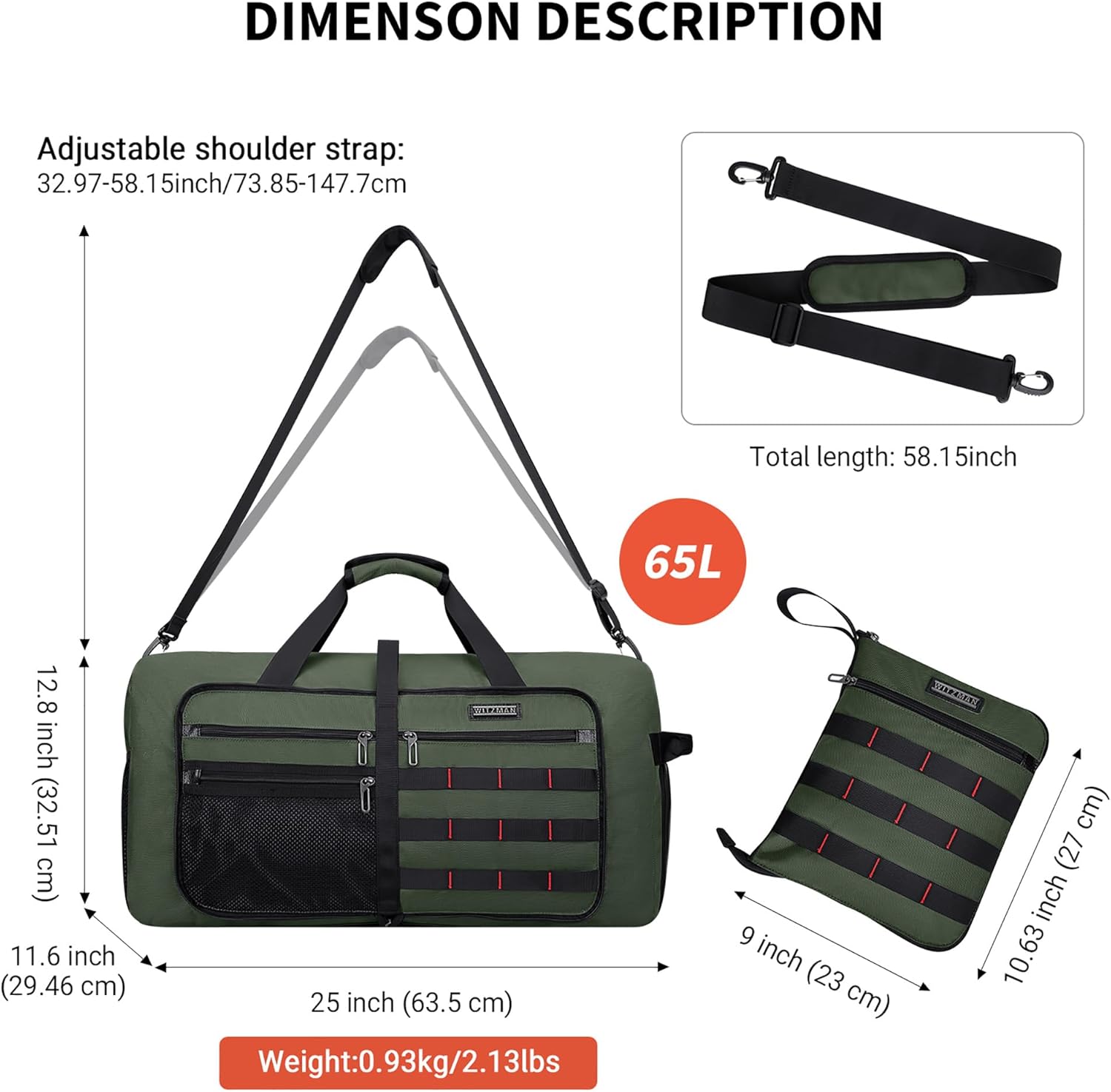 Detalle de WITZMAN Foldable Duffle Bag 65L (B697 Army Green) with Shoe Compartment