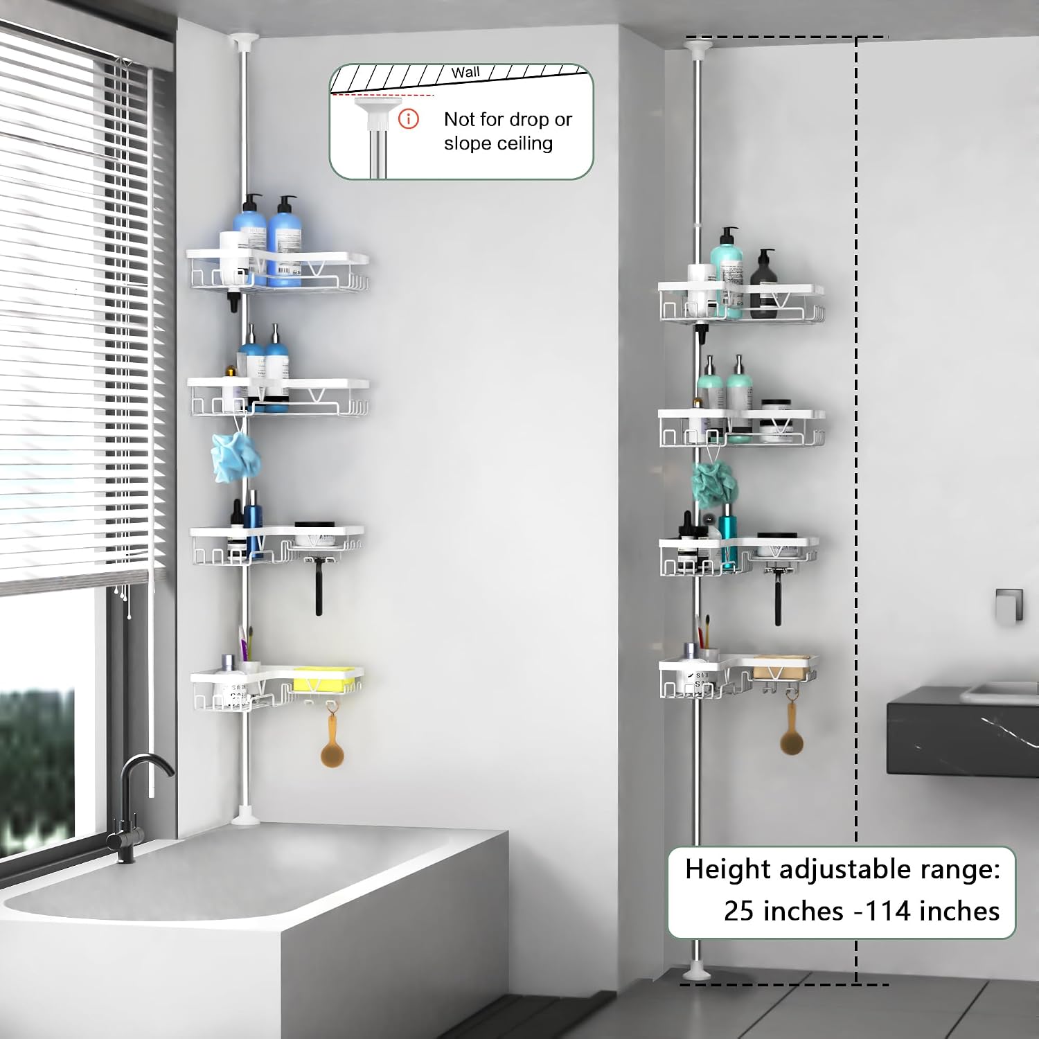 Detalle de DAOYA Corner Shower Caddy, 4-Tier Adjustable Tension Pole, White Stainless Steel