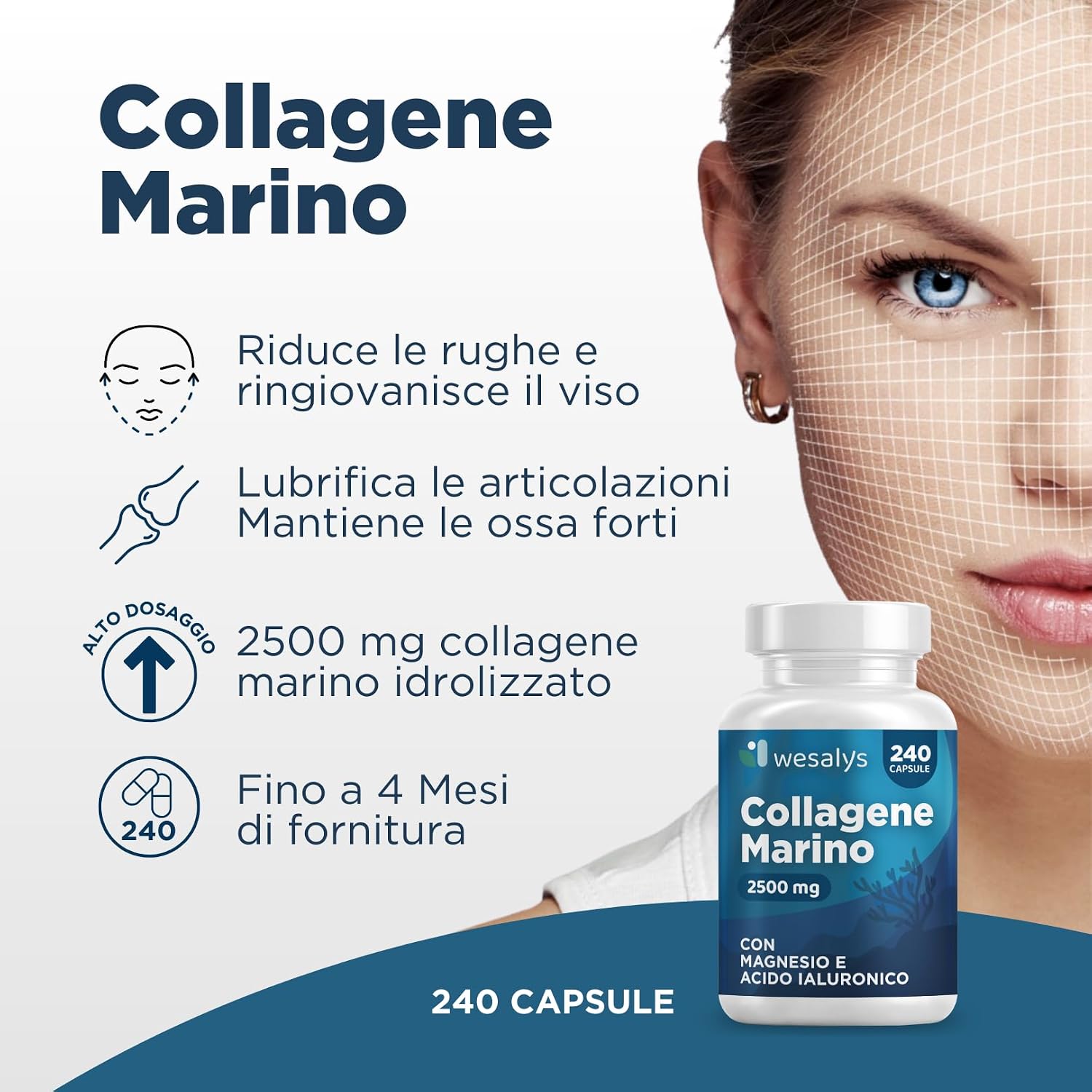 Detalle de Collagene Marino con Acido Ialuronico - Wesalys 240 Capsule: supporto pelle, capelli e articolazioni