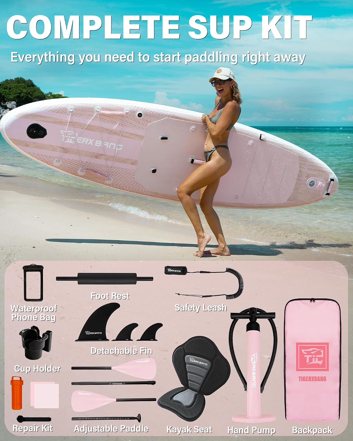 Thumbnail 6 de TIGERXBANG Inflatable SUP Board with Kayak Seat – 11’ x 34”, 485 lb Capacity
