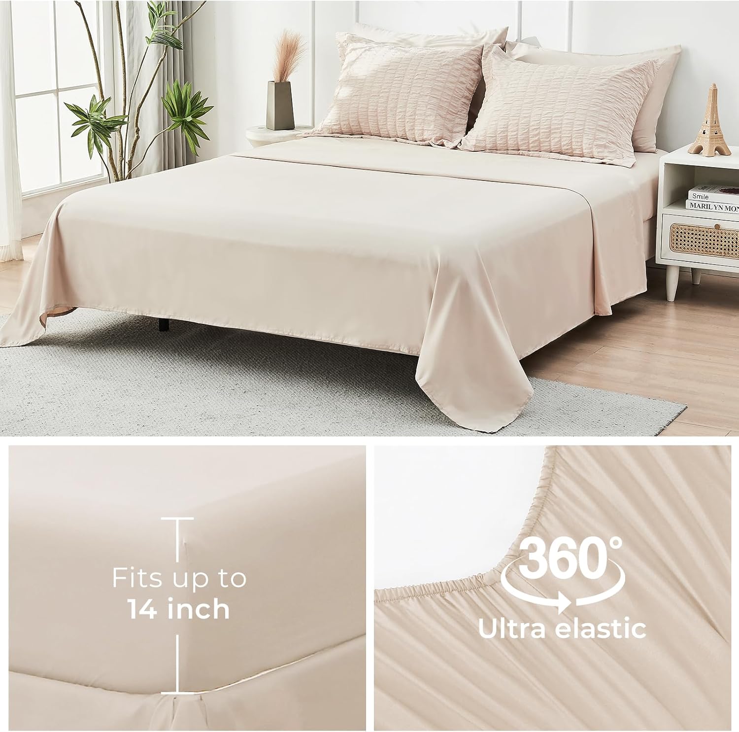 Thumbnail 6 de HYMOKEGE Beige Queen Comforter Set with Seersucker Texture – 7 Pieces