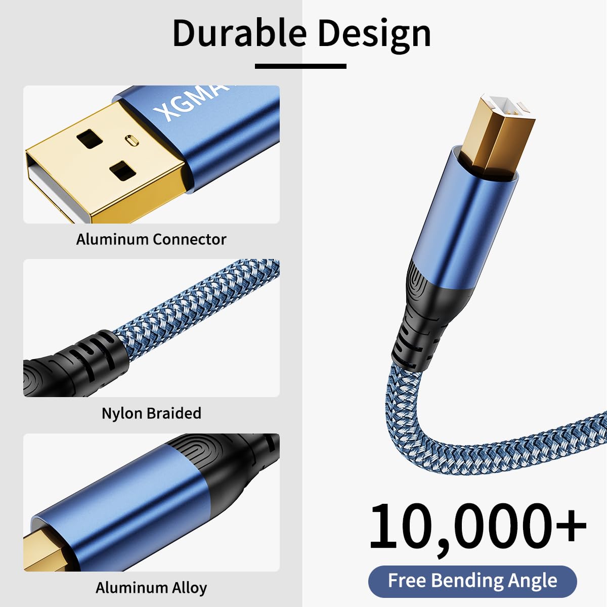 Detalle de USB Druckerkabel 7 m, USB 2.0 Typ B (Vergoldete Anschlüsse, Nylon-Umflechtung) – für Lexmark, Dell, HP, Canon & mehr