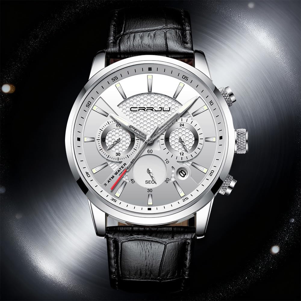 Detalle de CRRJU Herren Chronograph Uhr mit Lederarmband, Analog-Quarz und Datumsanzeige – schwarz