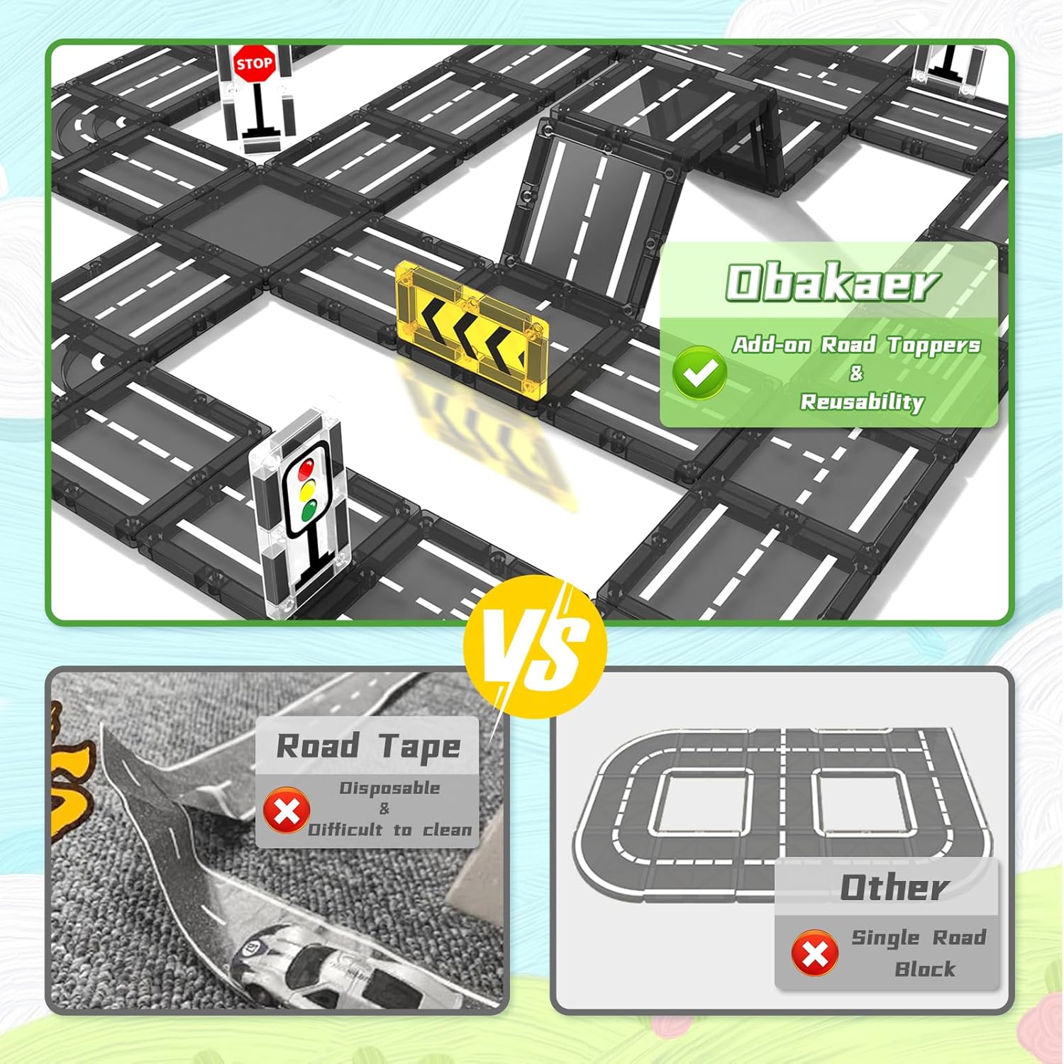 Detalle de obakaer Magnetic Tiles Road Building Blocks Set – Ultimate Road Expansion for Magnetic Tile Builders