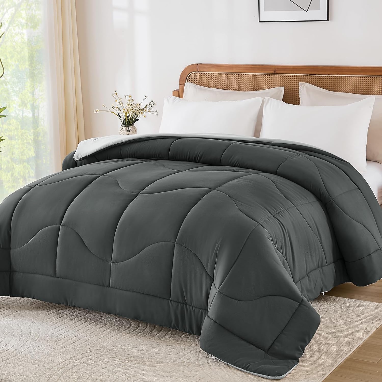 Detalle de Guchuang Bedding Coverless Double Duvet – 10.5 Tog Reversible Light/Dark Grey Down Alternative