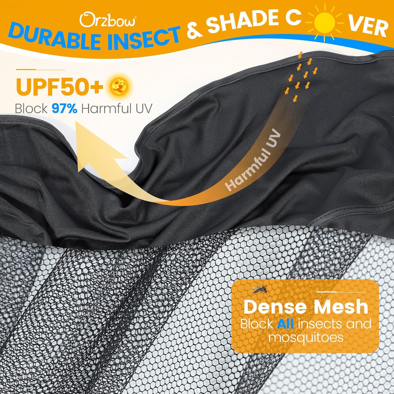 Detalle 2 de Orzbow Universal Mosquito Net for Pram (Black) with UPF 50+ Sunshade & Two-Way Zipper