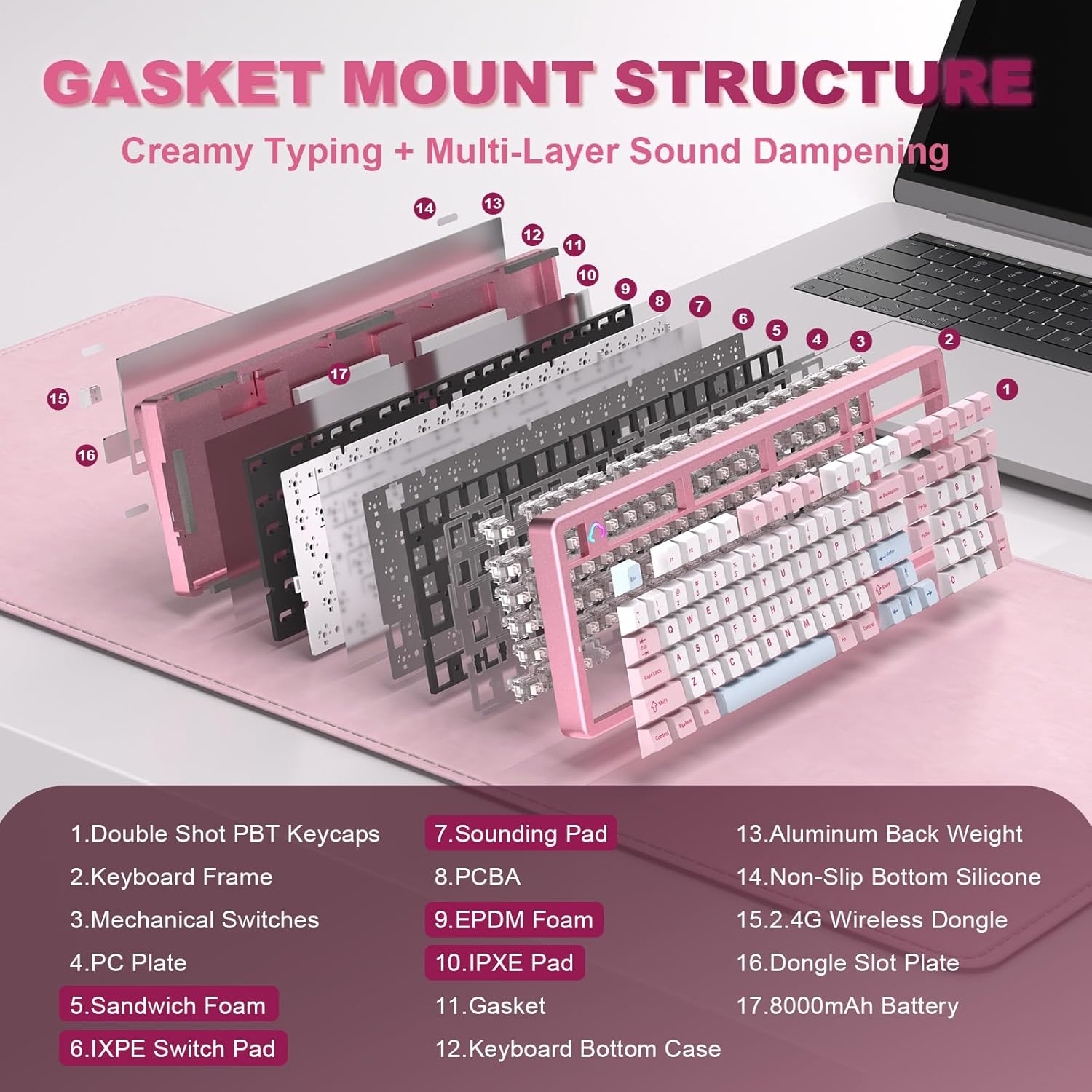 Thumbnail 4 de YUNZII AL98 QMK/VIA Kabellose Mechanische Gaming-Tastatur – 1800-Layout, Aluminium, Hot-Swap, RGB, Rosa (Milk V2 Linear)