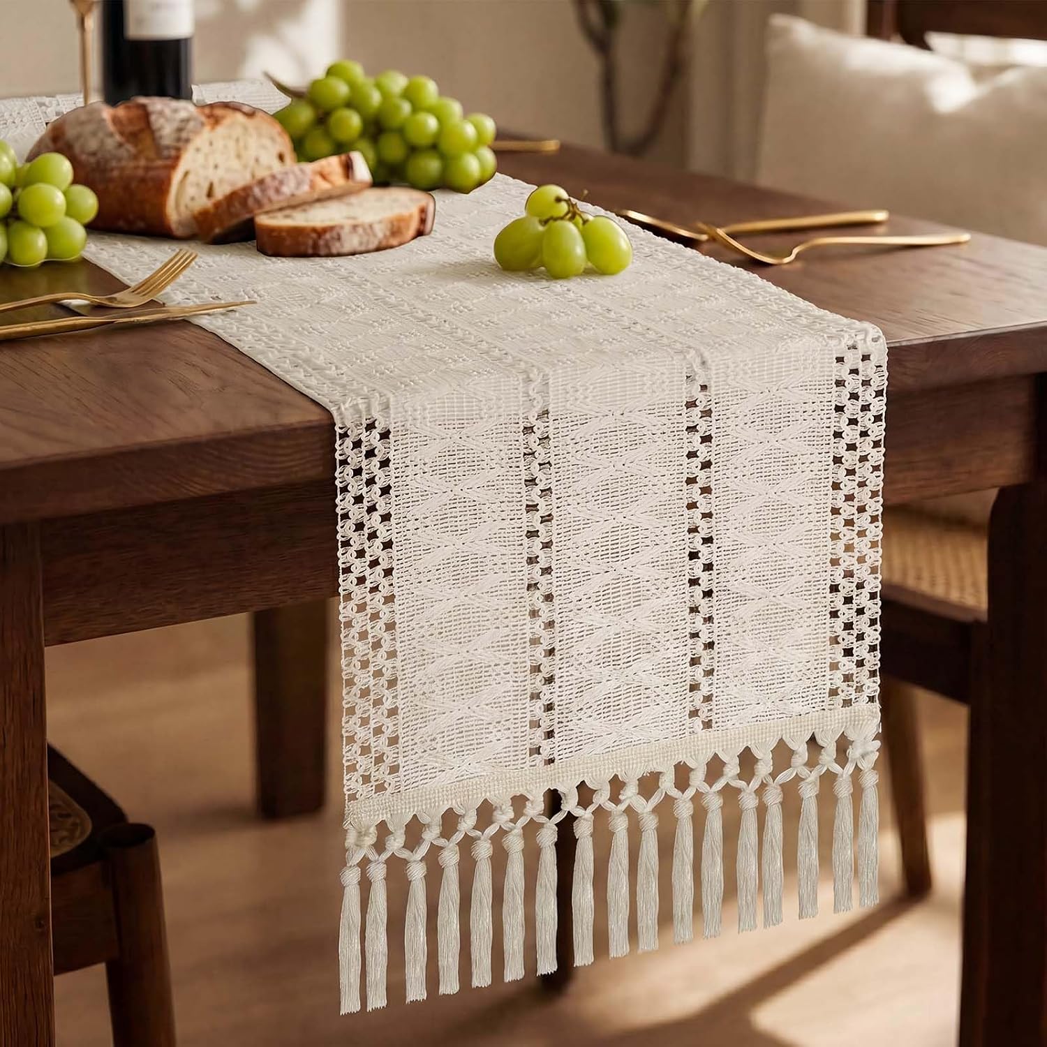 Detalle de AOOTE 6265999 Bohemian Table Runner, 30 x 180 cm, Ivory White