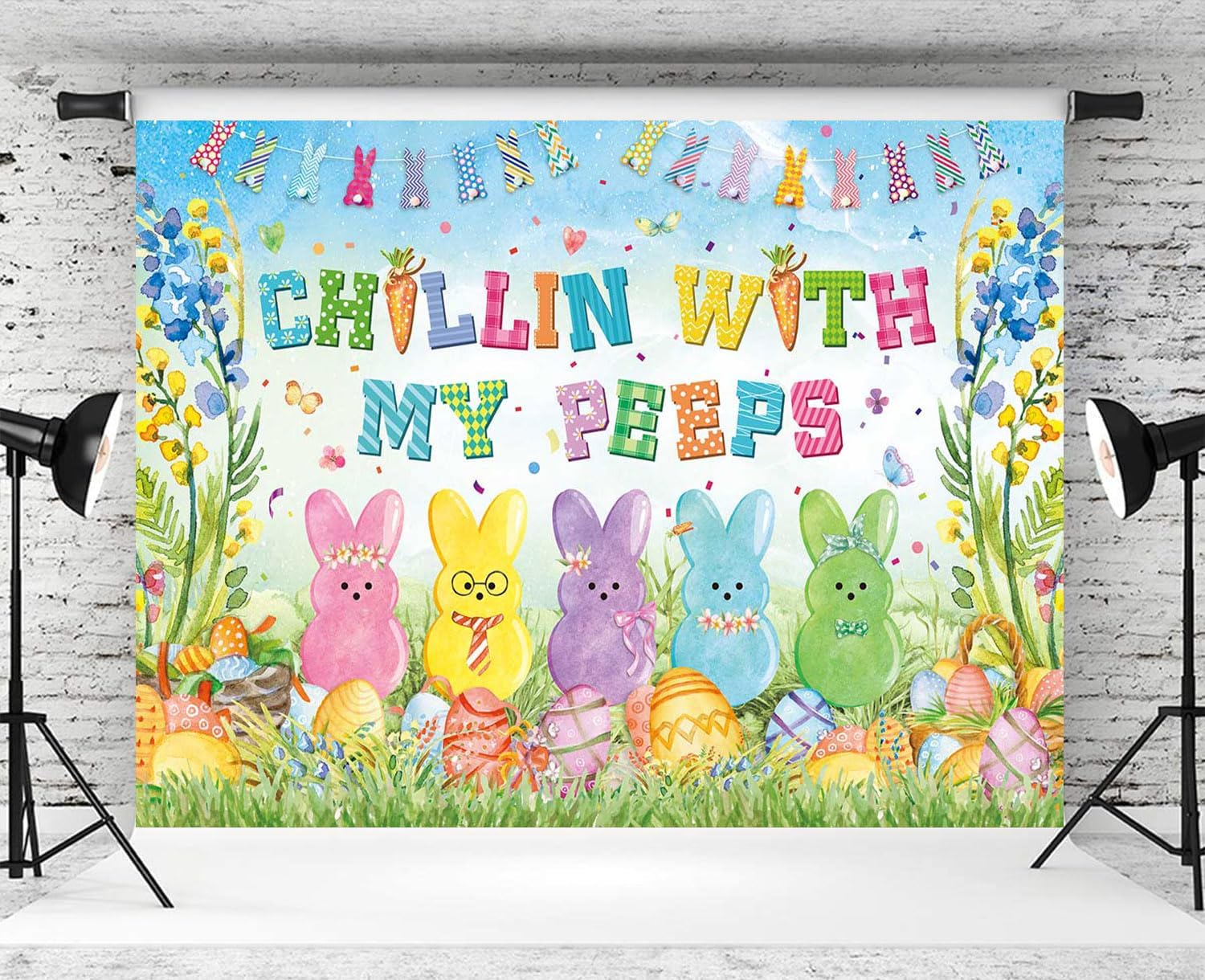 Detalle de Easter Bunny Backdrop Spring Bunny “Chillin with My Peeps” Vinyl Photoshoot Background (7x5FT)