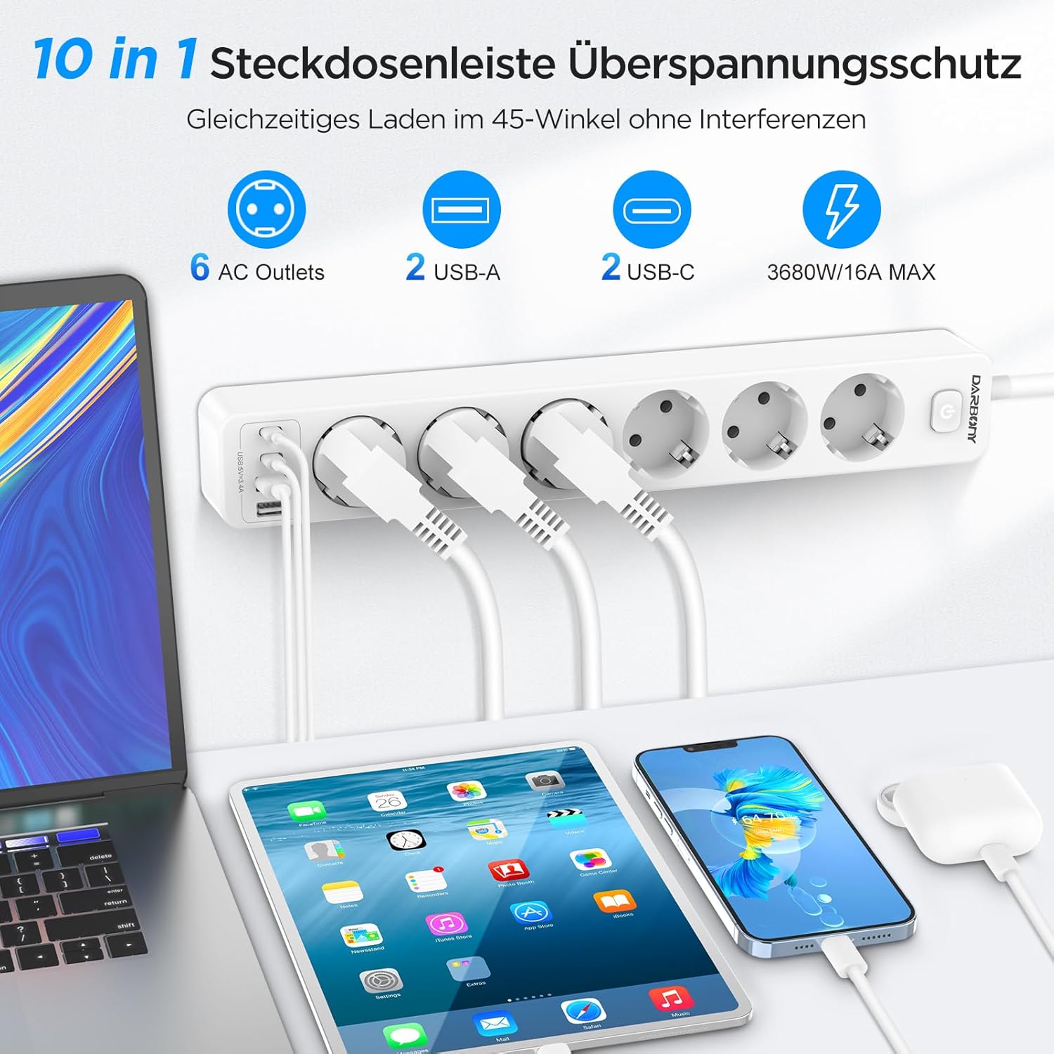 Thumbnail 1 de Steckdosenleiste mit 4 USB (Type‑C & A), 6-fach Mehrfachsteckdose mit Schalter – 3680 W, 16 A, 1,8 m Kabel, Wandmontage (weiß)