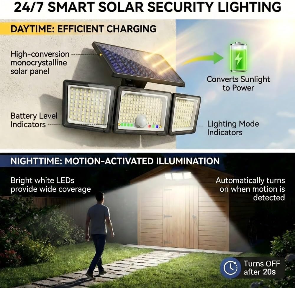 Detalle de CLAONER Solar Lights Outdoor 286 LED Motion Sensor Security Light (3 Heads) with IP65 – 2 Pack