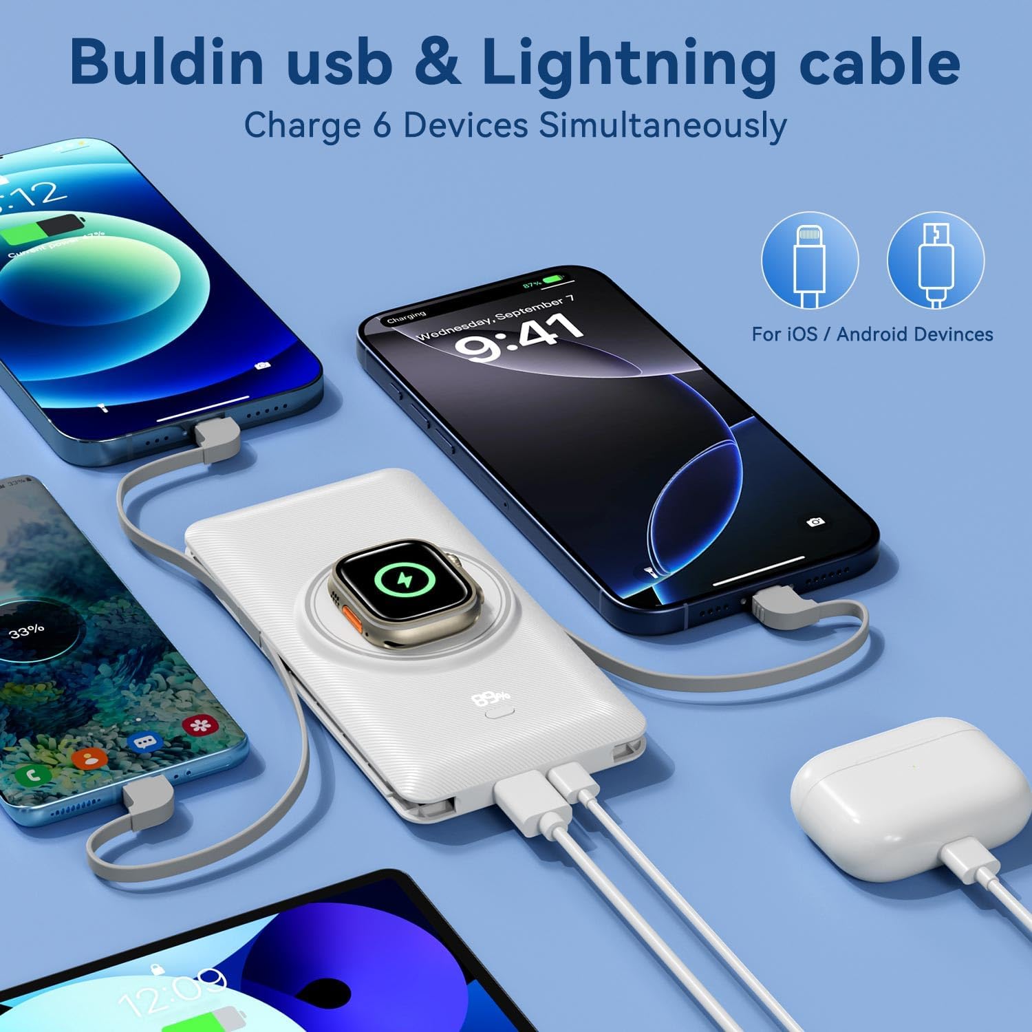 Detalle de LUCKYFELLOW PB180W 10,000mAh Wireless Power Bank with Built-In Cables and AC Plug