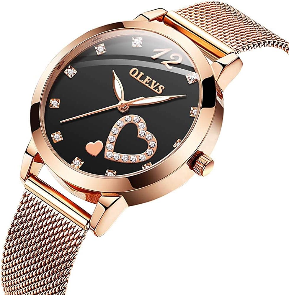Thumbnail 1 de OLEVS Damenuhr Roségold mit Herz-Diamant Zifferblatt, Quarzwerk & 30 m wasserdichtes Armband-Set