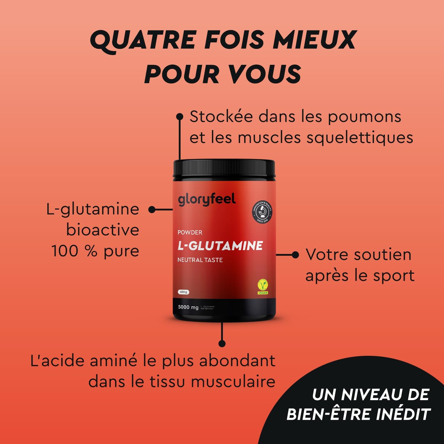 Thumbnail 2 de L-GLUTAMINE en Poudre 600 g – 5000 mg par portion, pure et bioactive, sans additifs