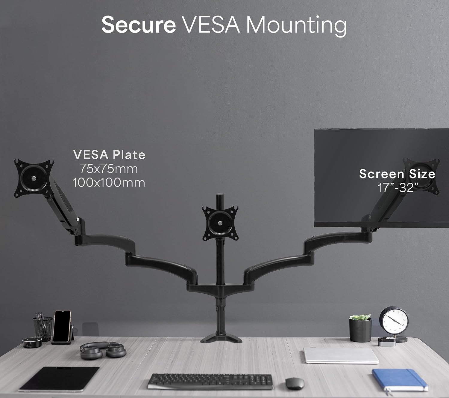 Detalle de VIVO STAND-V300G: Triple Pneumatic Monitor Mount for 3 Screens (17"–32", 17.6 lbs each) with Heavy-Duty Desk Stand