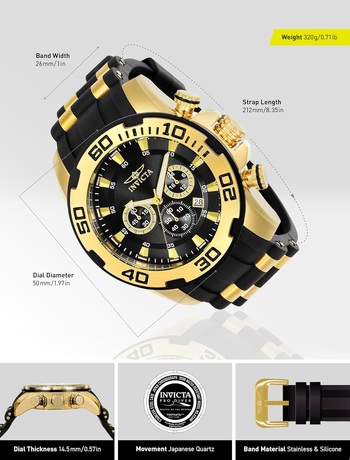 Thumbnail 2 de Invicta Pro Diver Homme – Montre à Quartz 50 mm, cadran noir, acier inoxydable