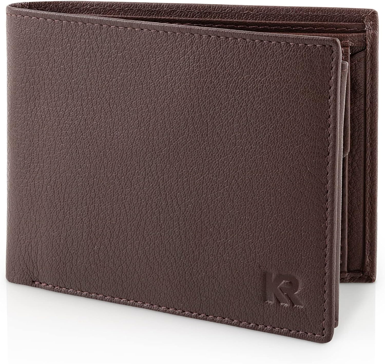 Detalle de KRONIFY Portafoglio da uomo in vera pelle marrone scuro naturale con protezione RFID, formato orizzontale e 13 scomparti carte