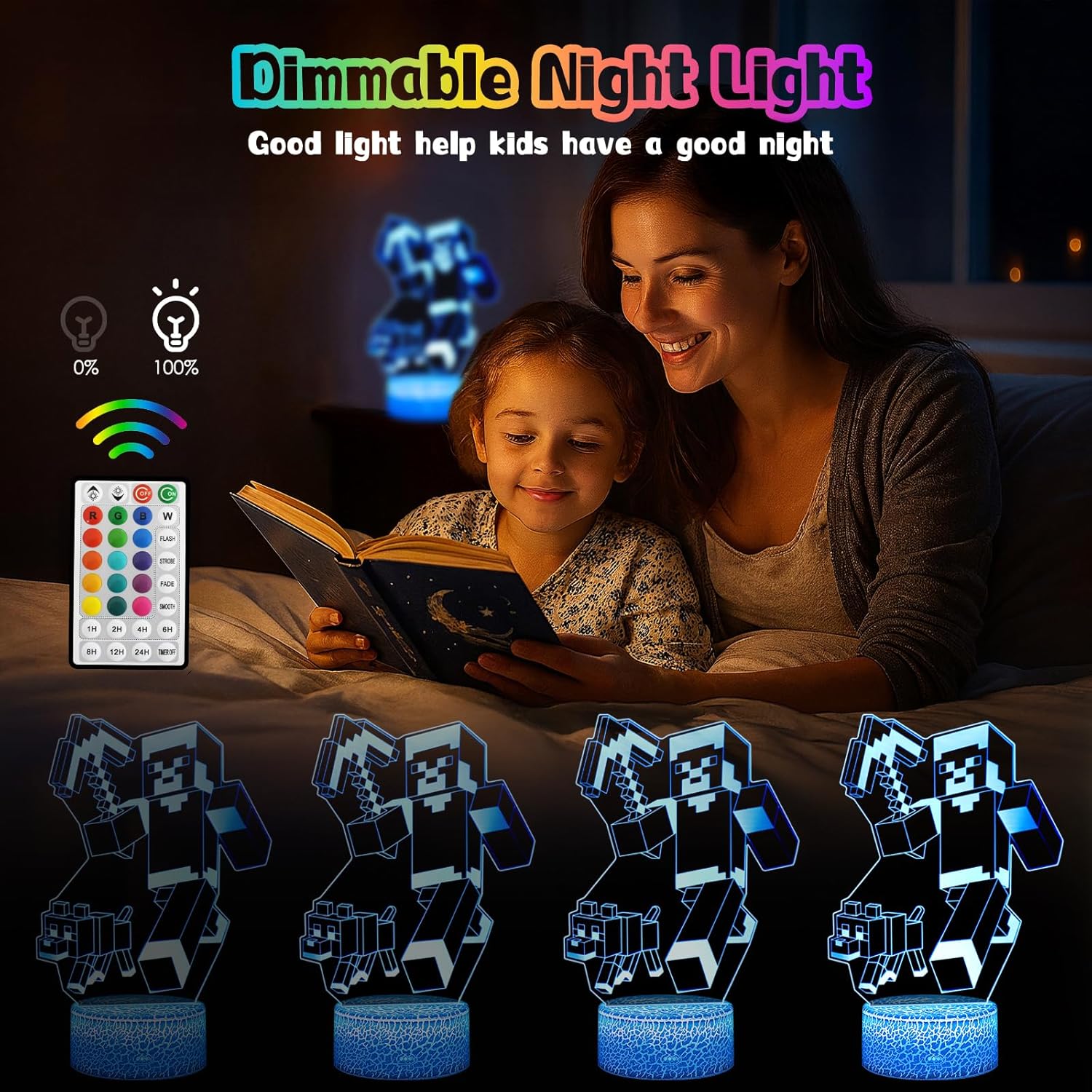 Detalle de Eygerur Lot de 2 Veilleuses Minec 3D LED pour enfants – télécommande et 16 couleurs