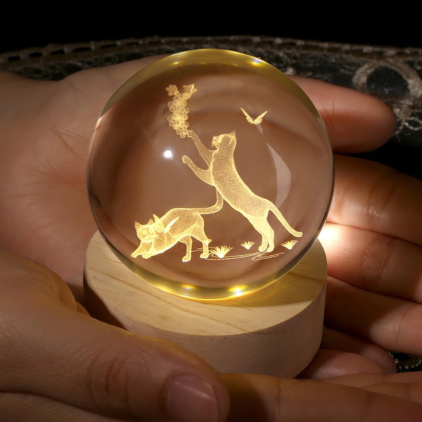 Thumbnail 1 de AWARDSEN 3D Crystal Ball Cat Ornament with Wooden Base – Subtle Night Light & Desk Decor