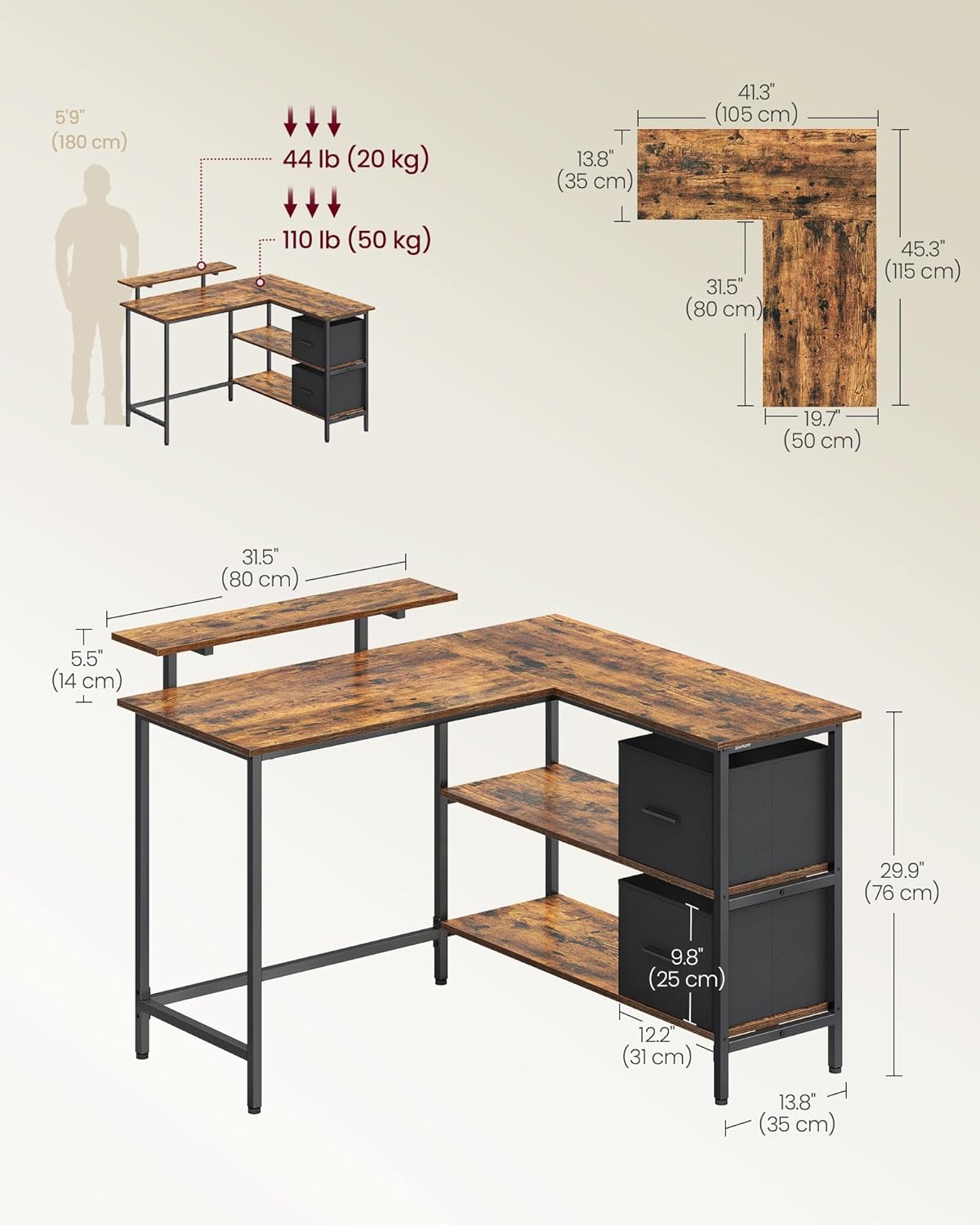Thumbnail 6 de VASAGLE L-Shaped Desk with 2 Drawers (LWD097B01) — Reversible Corner Computer Desk in Rustic Brown