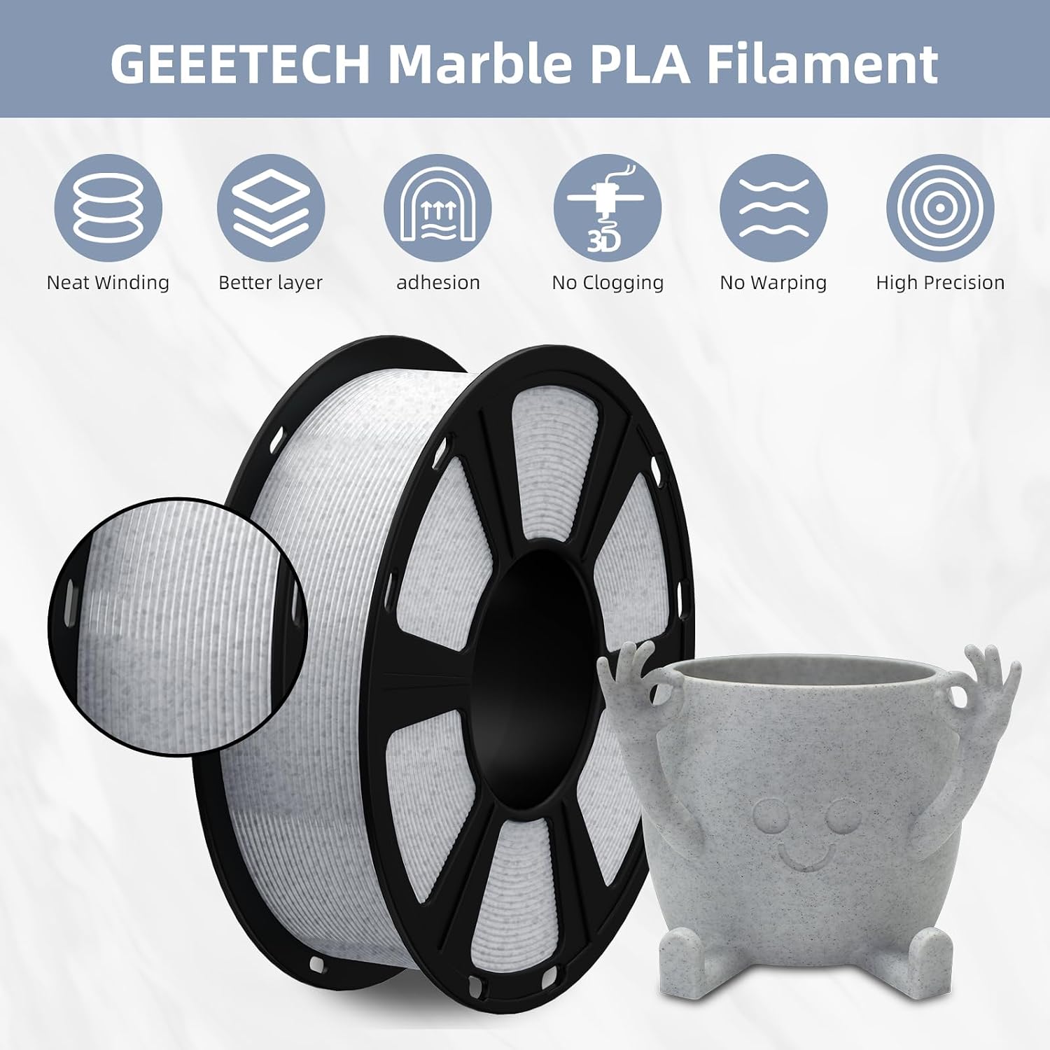 Detalle de Geeetech Marble PLA 3D Printer Filament, White-Grey, 1kg Spool