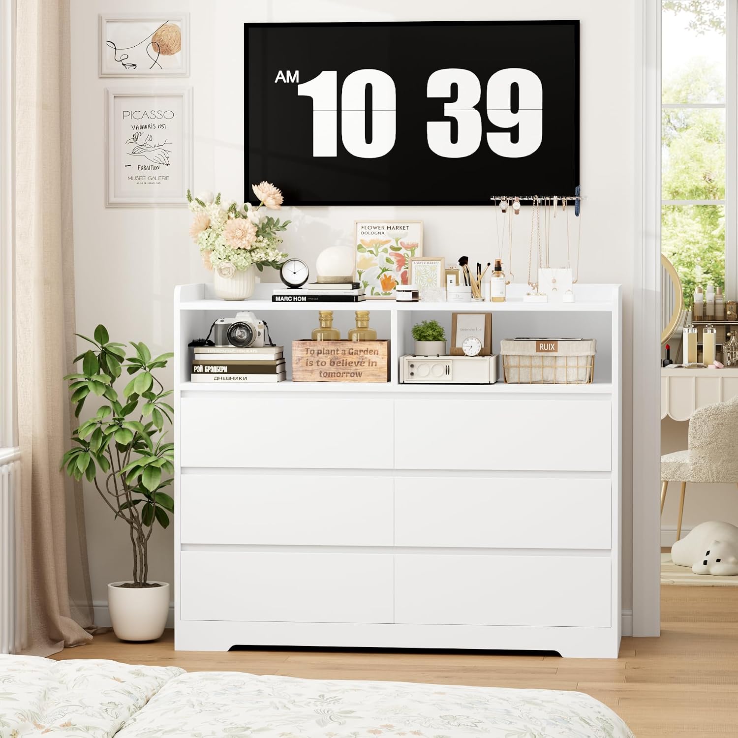 Detalle 2 de FOREHILL P695697 Chest of Drawers, 6 Drawers, 2 Open Compartments, White