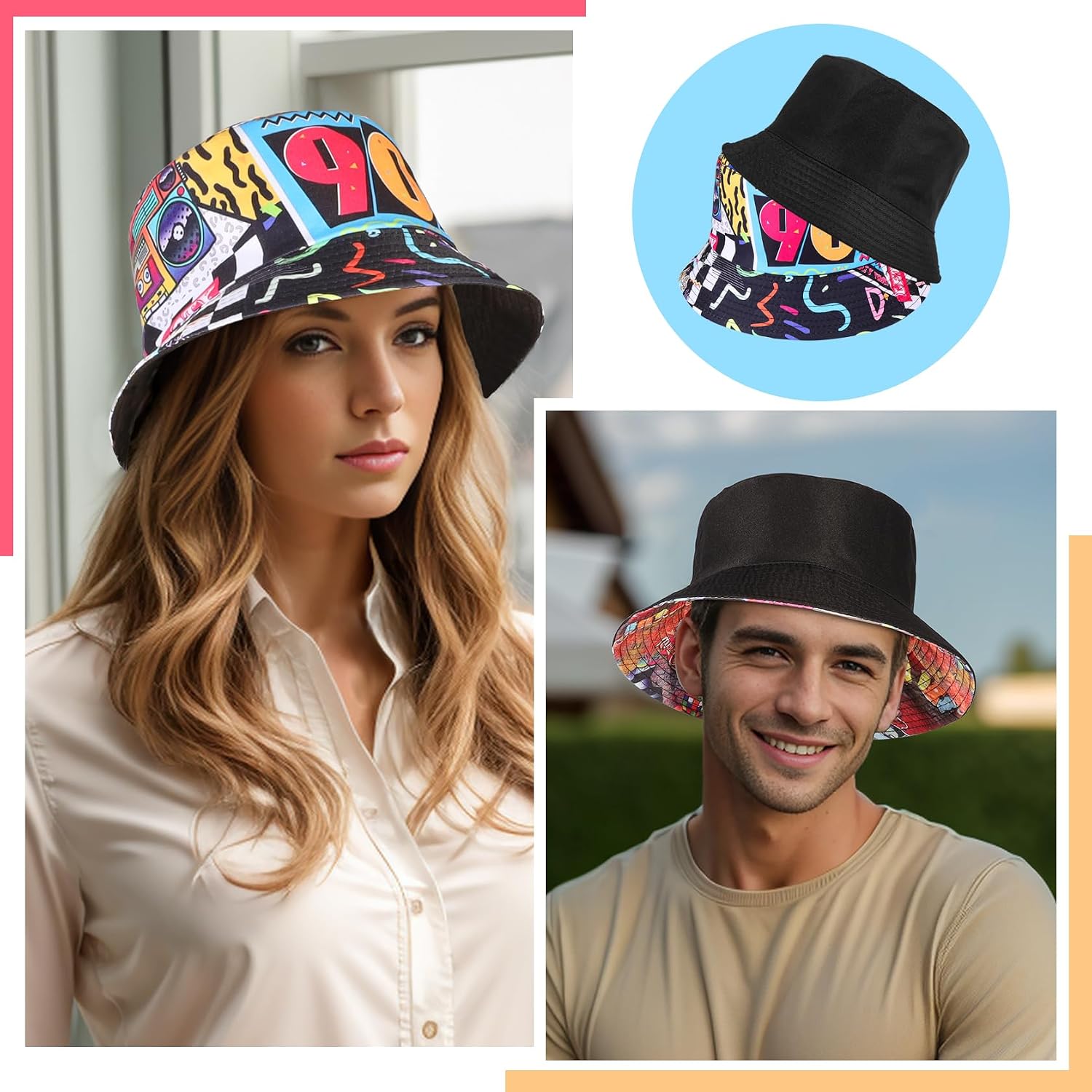 Detalle de MILAKOO Fischerhut Bucket Hat Retro 80er/90er Stil – Reversibel, Unisex, Polyester