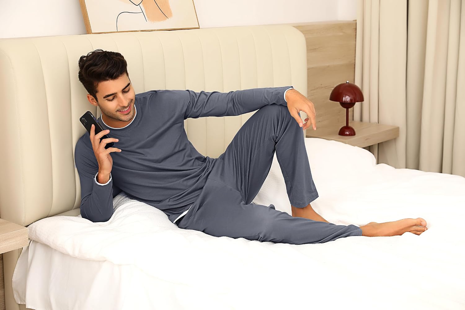 Detalle de Pyjama homme hiver Aseniza en 100% coton (manches longues, haut col rond et pantalon à cordon)