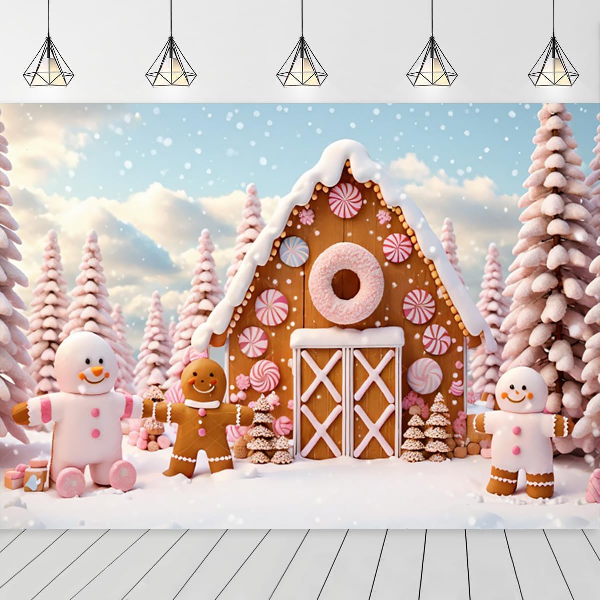 GCIREC 7x5ft Weihnachts Hintergrund Rosa Süßigkeiten Lebkuchen Winter Karikaturen – Fotokabine Requisiten