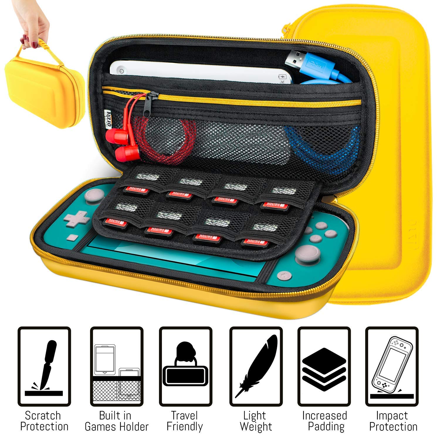 Detalle 2 de ORZLY Switch Lite Zubehör-Set (2019): Tragetasche, Schutzfolien, Comfort Grip, USB-Kabel, Kopfhörer, Patronenhülse & Stylus