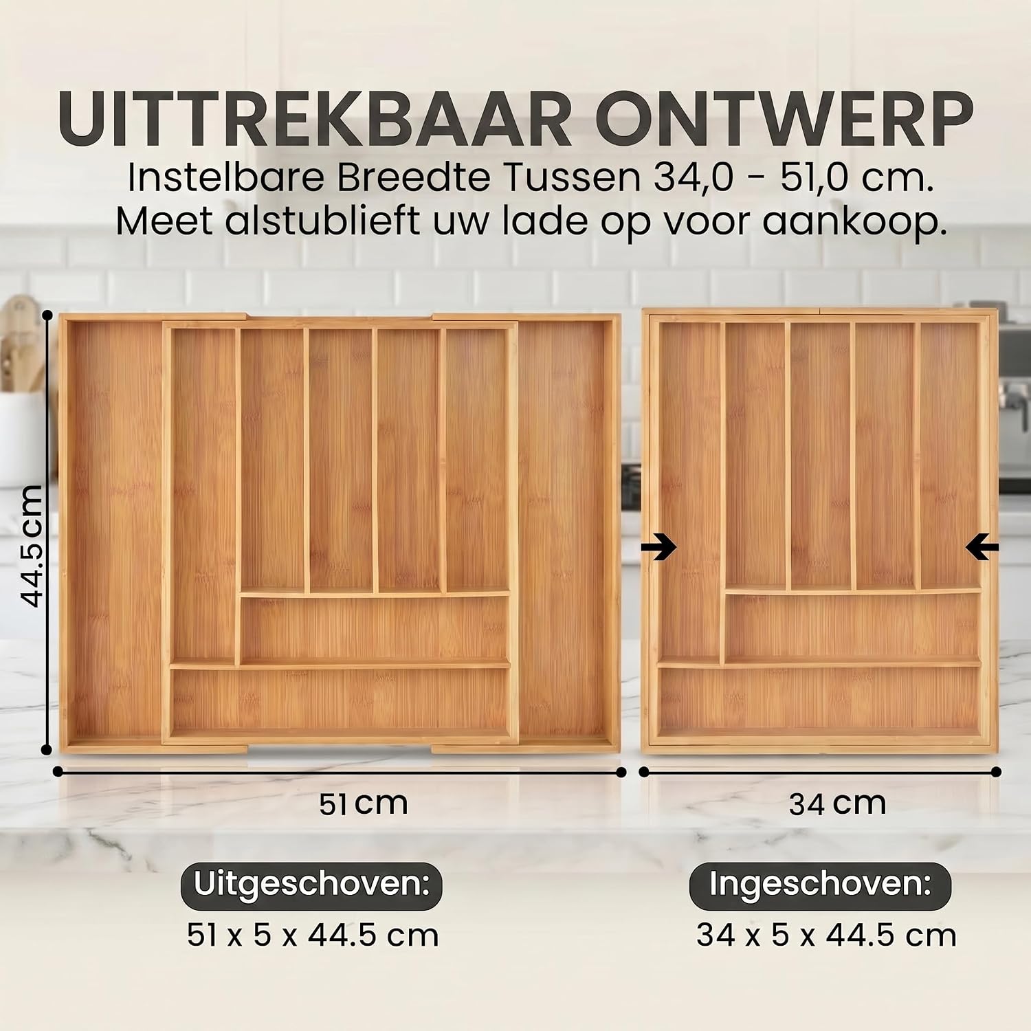 Detalle 2 de Dimono 51651615164 uitschuifbare besteklade-organizer van bamboe, 7–9 vakken