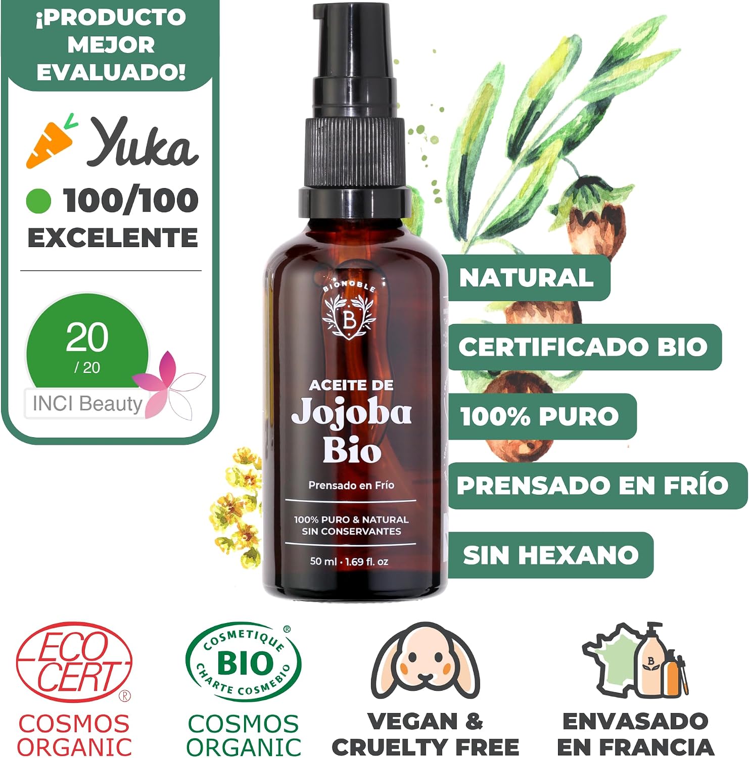 Thumbnail 1 de Bionoble Aceite de Jojoba Orgánico 50ml 🌿 Para Rostro, Cuerpo y Cabello