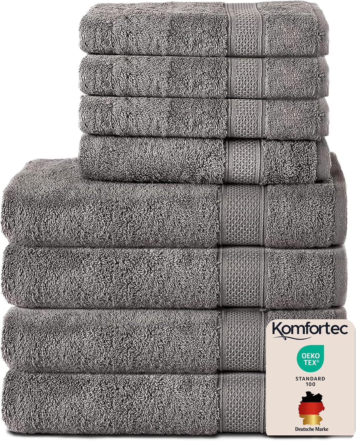 Detalle de Komfortec 8er Handtücher Set (4 Badetücher 70x140 cm + 4 Handtücher 50x100 cm) aus 100% Baumwolle-Frottee in Anthrazit Grau