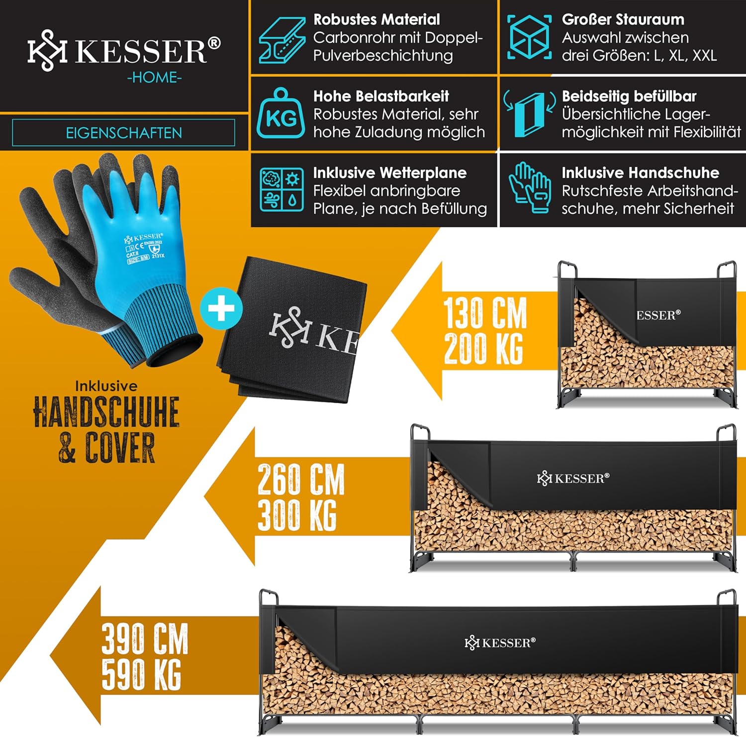 Thumbnail 1 de KESSER® Kaminholzregal Metall 260×36×117 cm – Stahlrahmen für den Außenbereich mit Abdeckung & Handschuhen