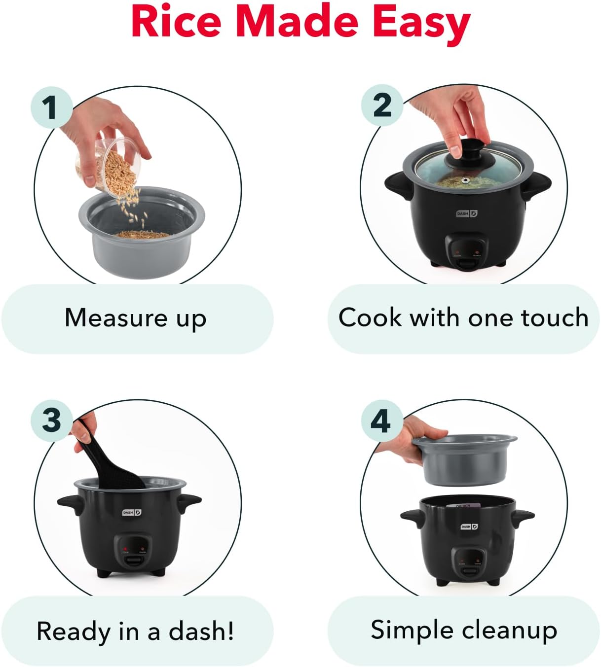 Detalle de Dash Mini Ceramic Rice Cooker (Black Ceramic) — Compact Single-Serve Cooker with Removable Nonstick Pot