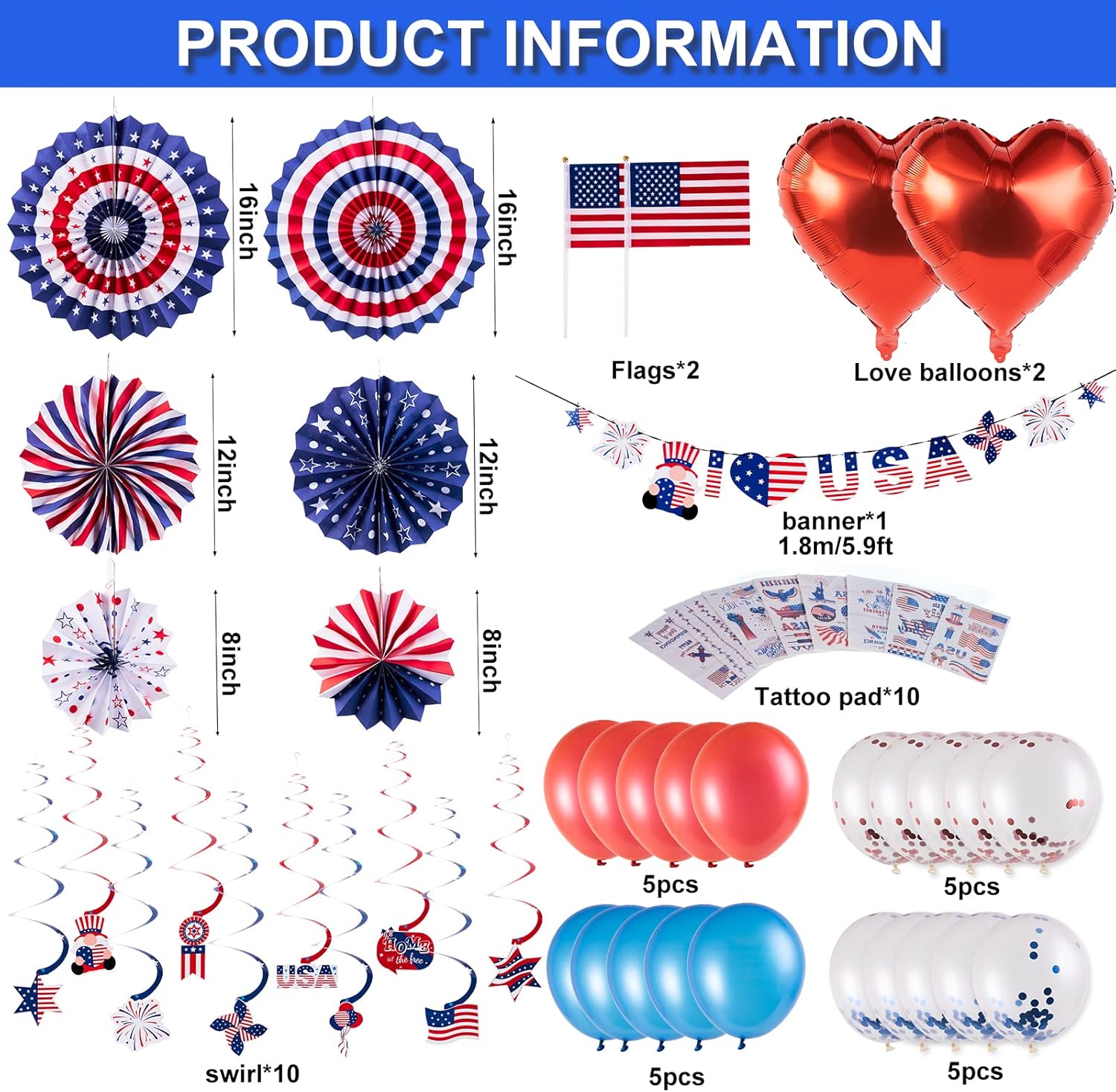 Detalle de SUNBEAUTY Unabhängigkeitstag Party Dekoration Set – 4. Juli USA Deko mit Flaggen, Luftballons, Papierfächern, Girlande und Tattoo-Aufklebern