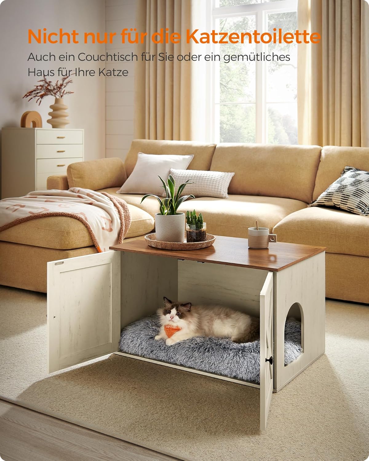 Detalle 2 de Feandrea Katzenhaus Katzenklo-Schrank mit herausnehmbarer Trennwand, 80 x 53 x 50 cm – honigbraun-vintageweiß (PCL002P01V1)