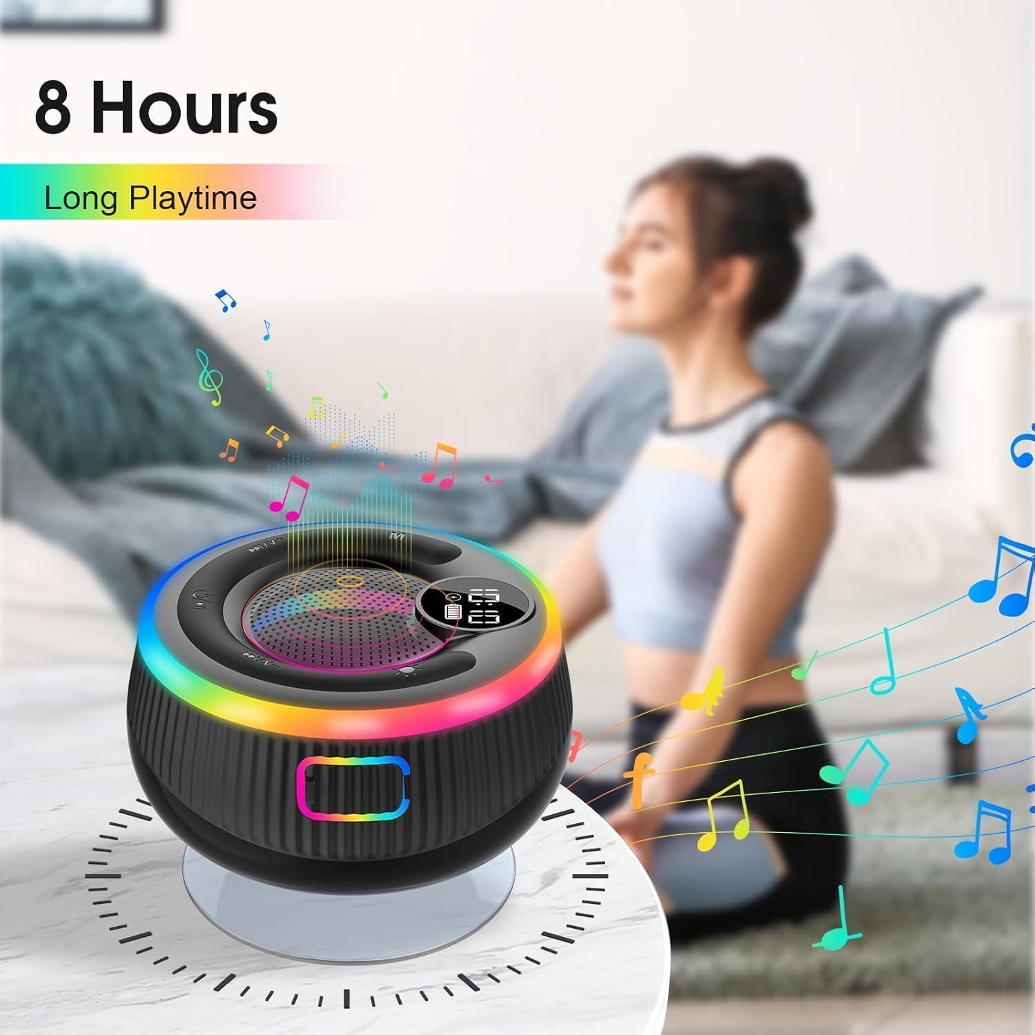 Detalle 2 de AOSRAU Bluetooth Shower Speaker (2025) – 360° Stereo, IPX7, 8h, RGB Lights with Display