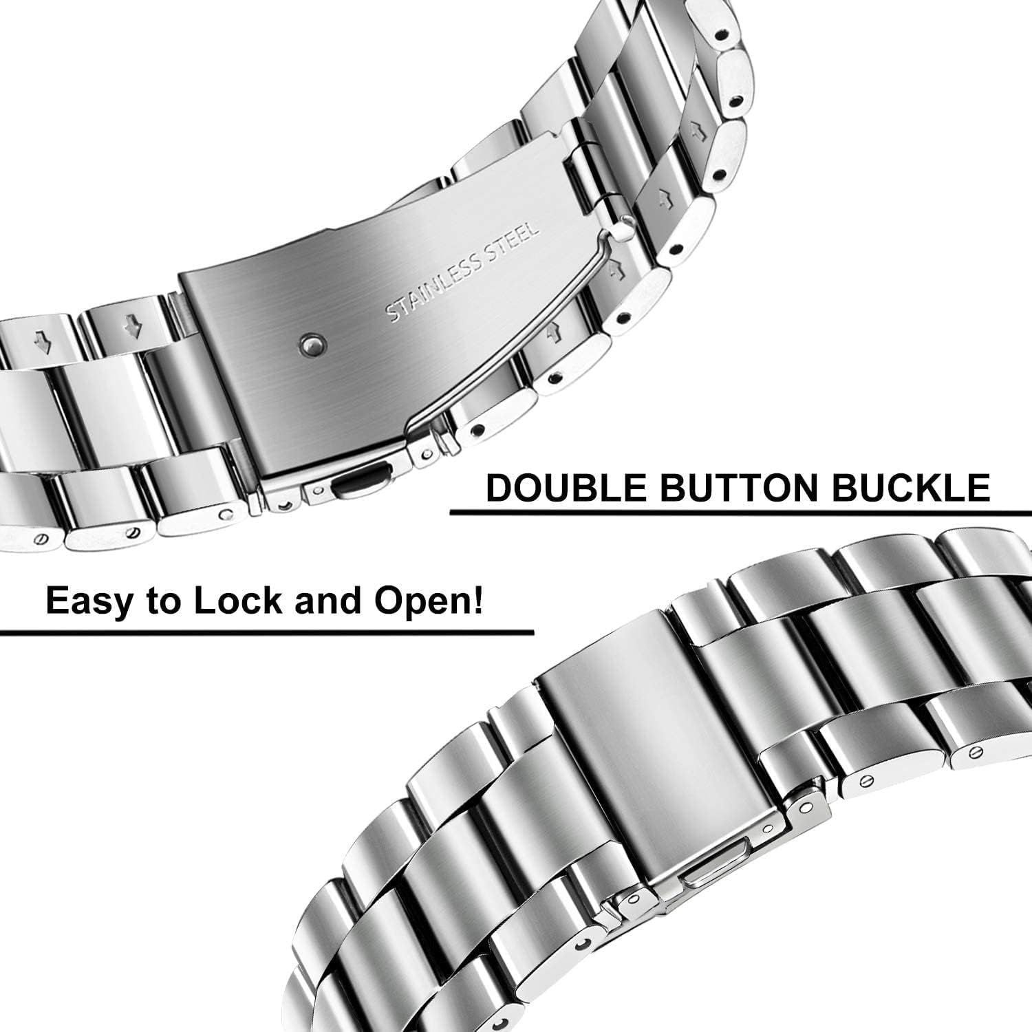 Detalle de Metal Strap for Garmin and More: 22mm Stainless Steel Bands (Vivoactive 4, Venu, Forerunner, Ticwatch, Fossil) – Silver