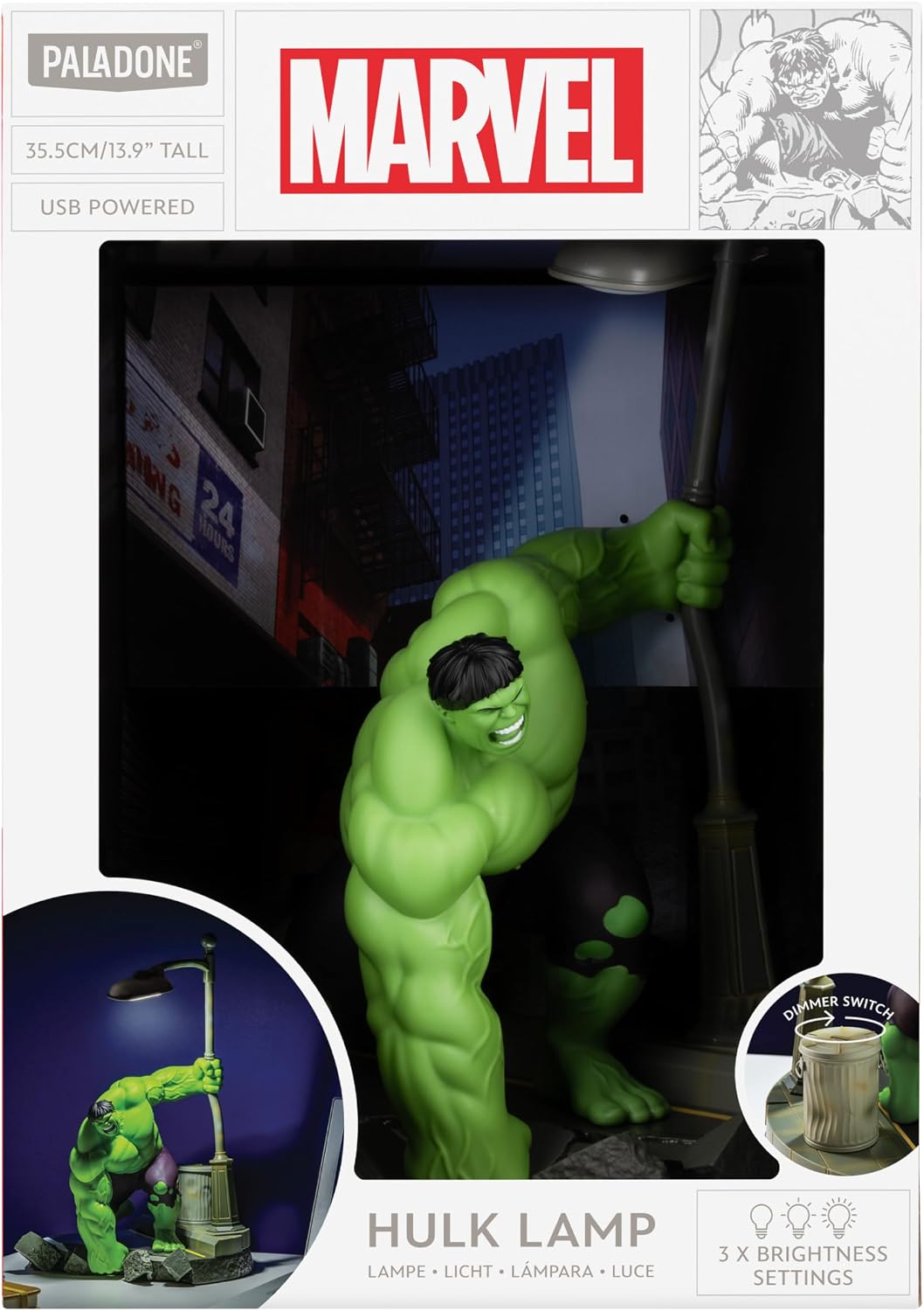 Detalle 1 de Paladone Marvel Hulk – lampa-diorama 34 cm, 3 poziomy jasności, USB