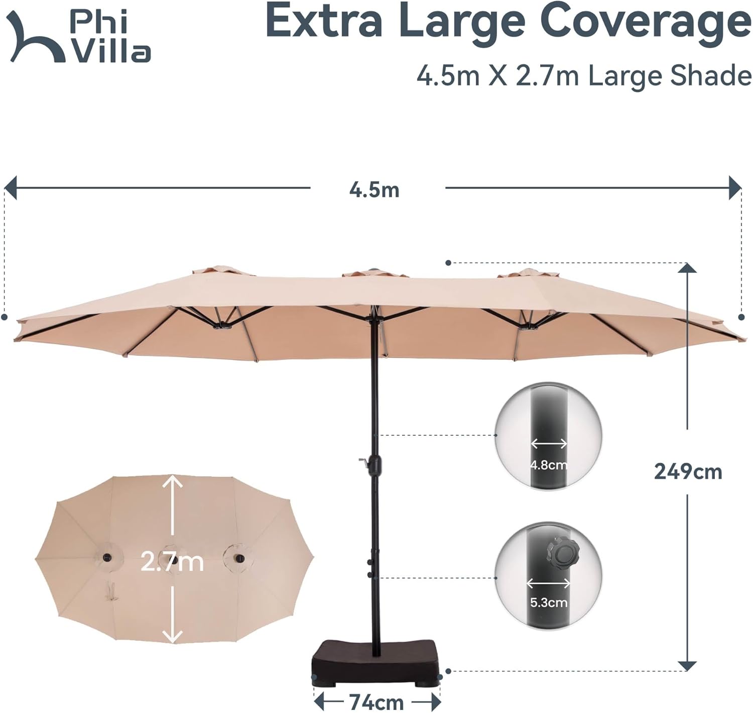 Thumbnail 2 de PHI VILLA 4.5m x 2.7m Garden Parasol with Base – Waterproof UV Protection