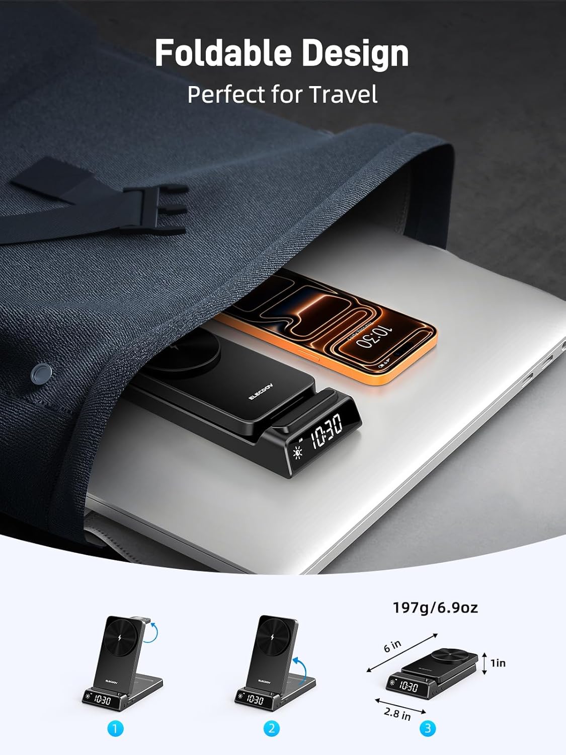 Thumbnail 5 de Station de charge magnétique 3 en 1 Snap Charge Go avec horloge pour iPhone, Apple Watch 10 et AirPods (noir)