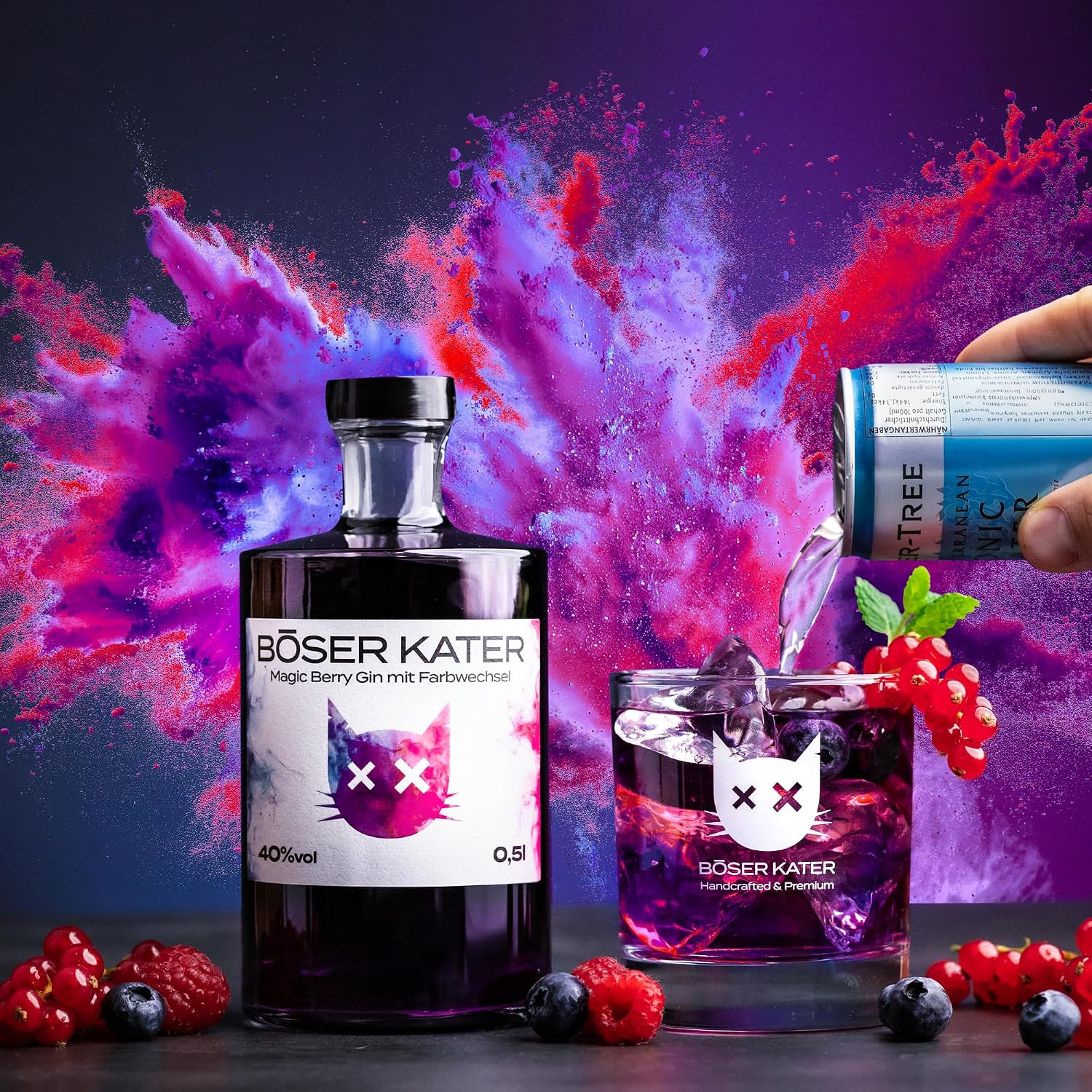 Detalle de BÖSER KATER Magic Berry Farbwechsel-Gin Geschenkset mit 2 Gläsern (0,5 l, 40% Vol.)