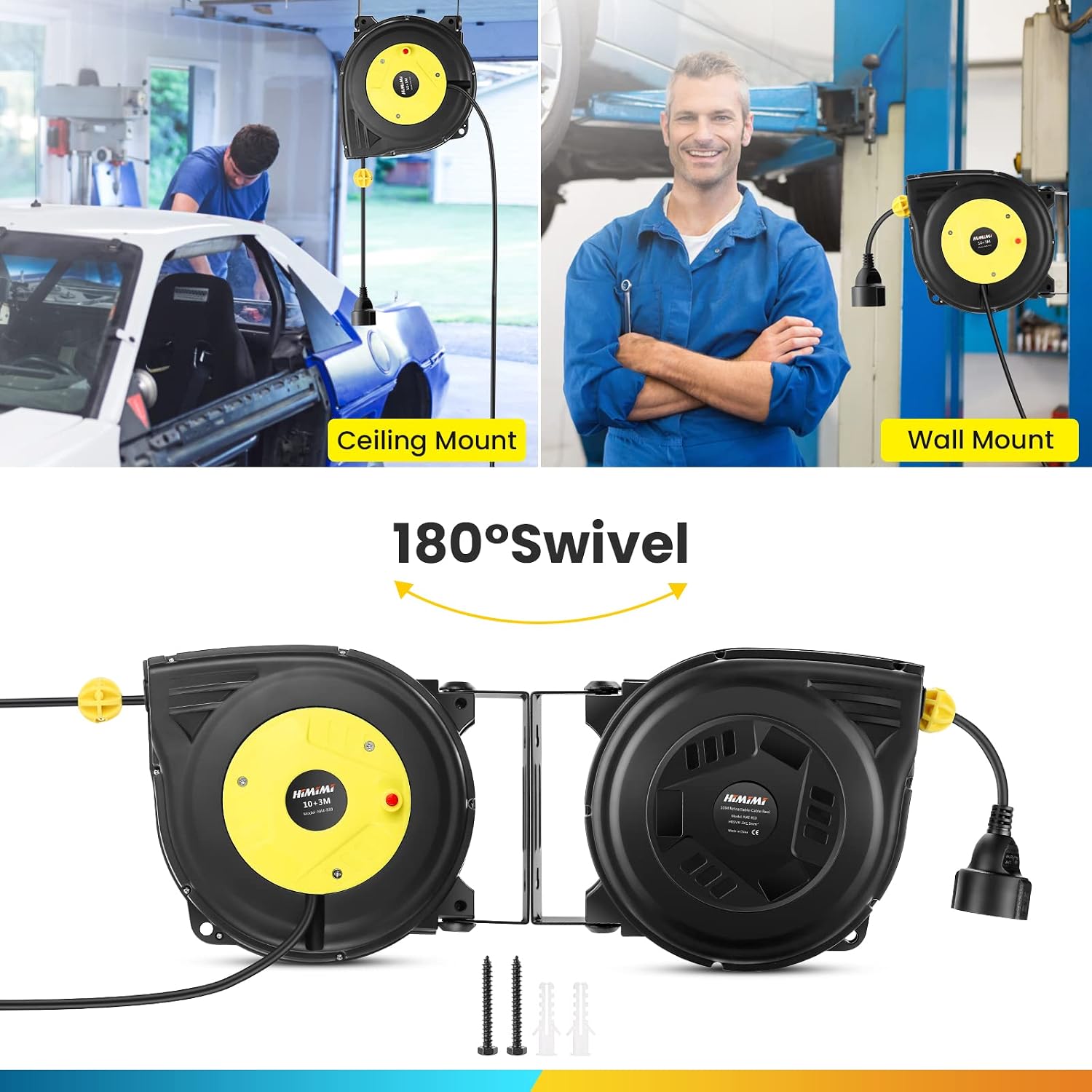 Detalle de Himimi automatische Kabeltrommel 13 m (10 m + 3 m), 1250 W–2000 W – Wand- und Deckenmontage, 180° drehbar