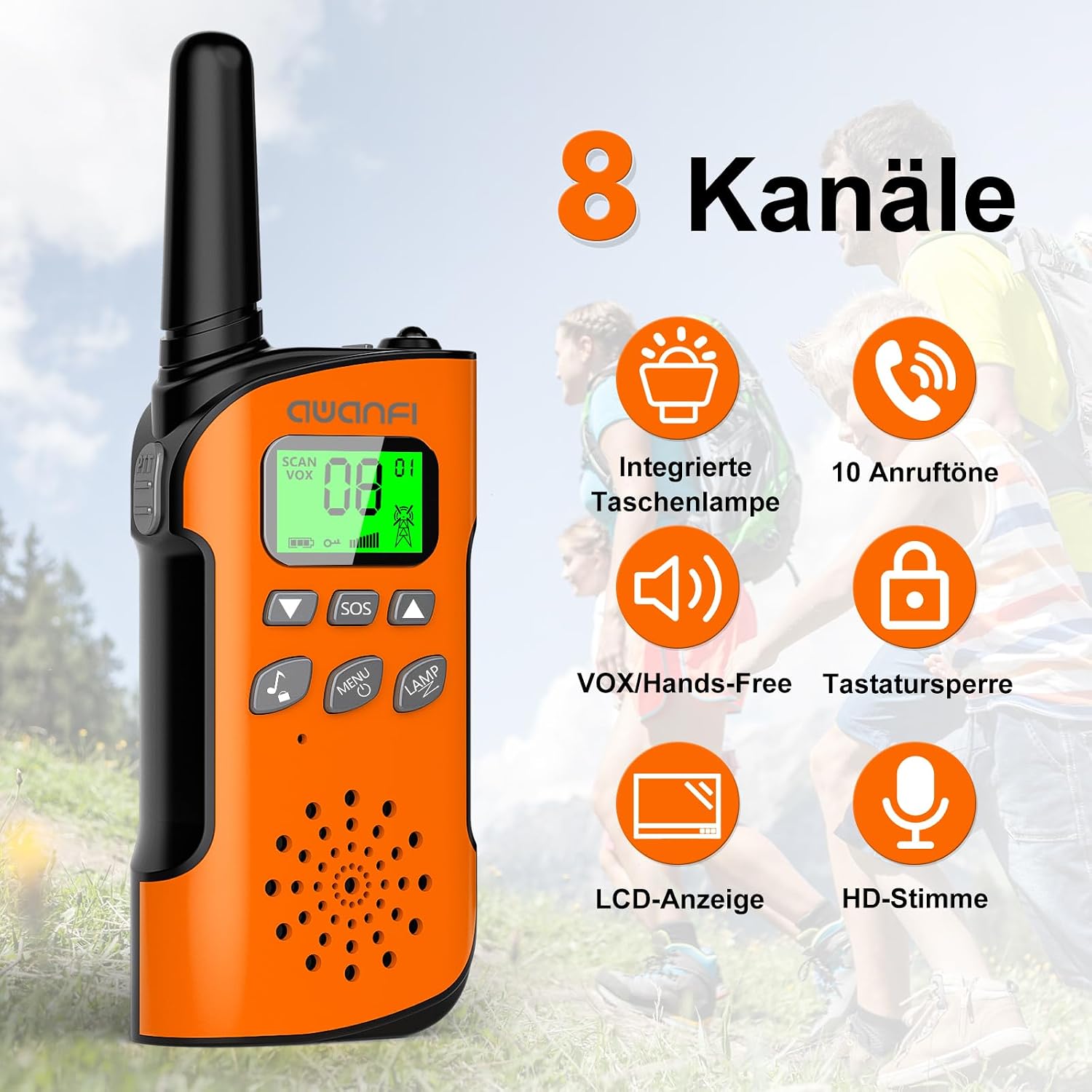 Detalle de AWANFI Walkie Talkie Kinder-Set: Wiederaufladbar, VOX, Taschenlampe und 3-km-Reichweite