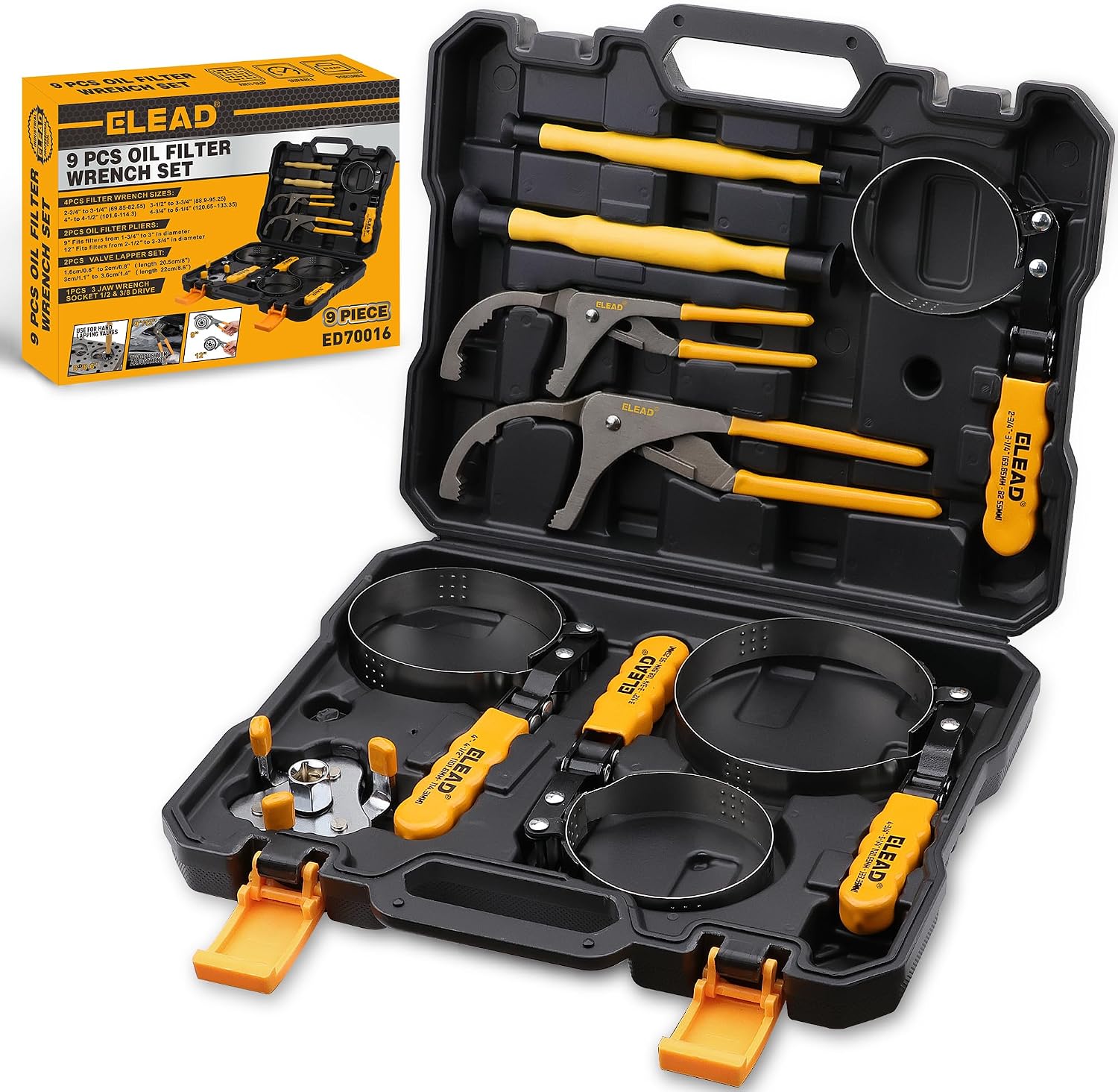 Detalle de ELEAD ED70016 9-Piece Oil Filter Wrench Set with Swivel Heads and Pliers